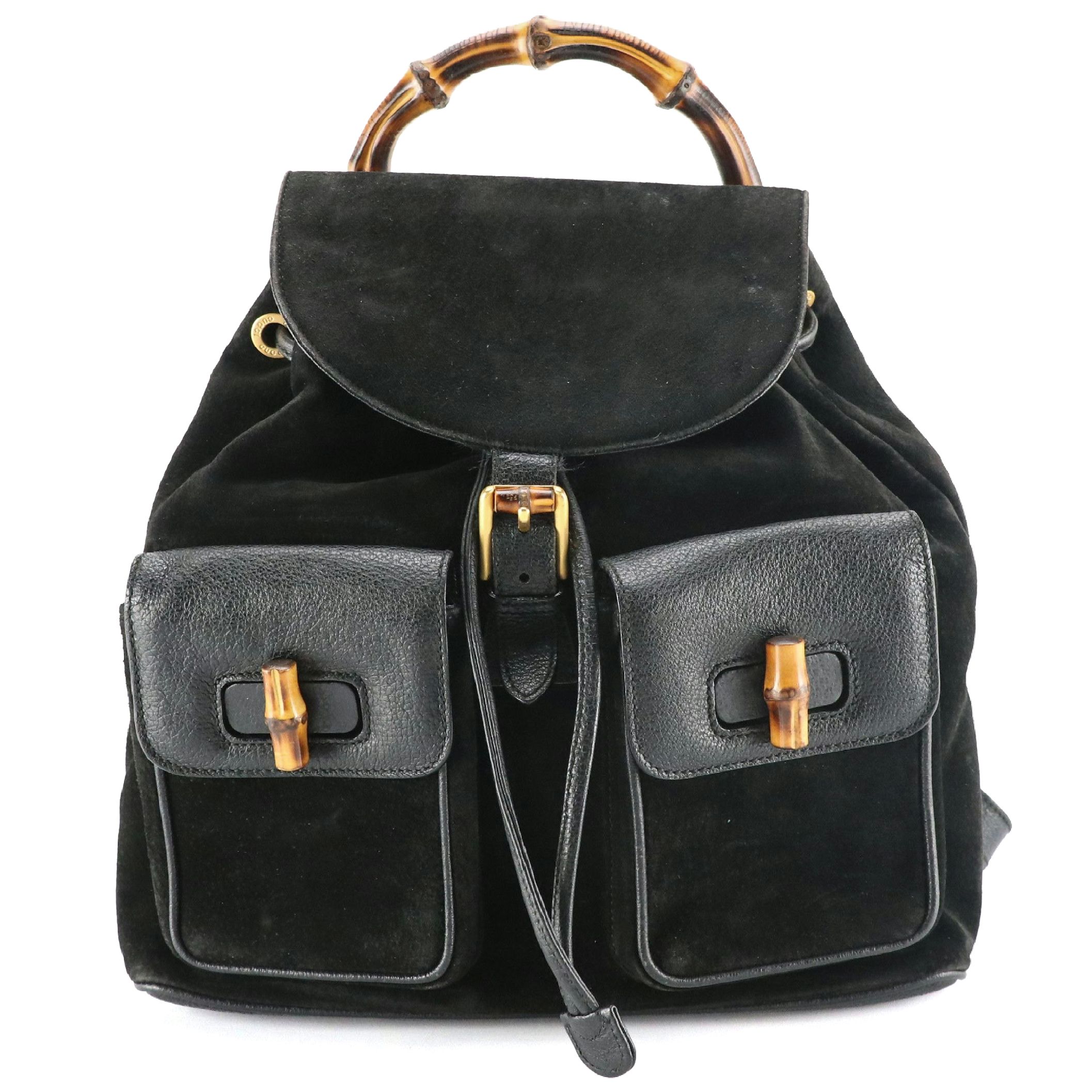 Gucci Black Suede Bamboo Handle Backpack with Grained Leather Trim