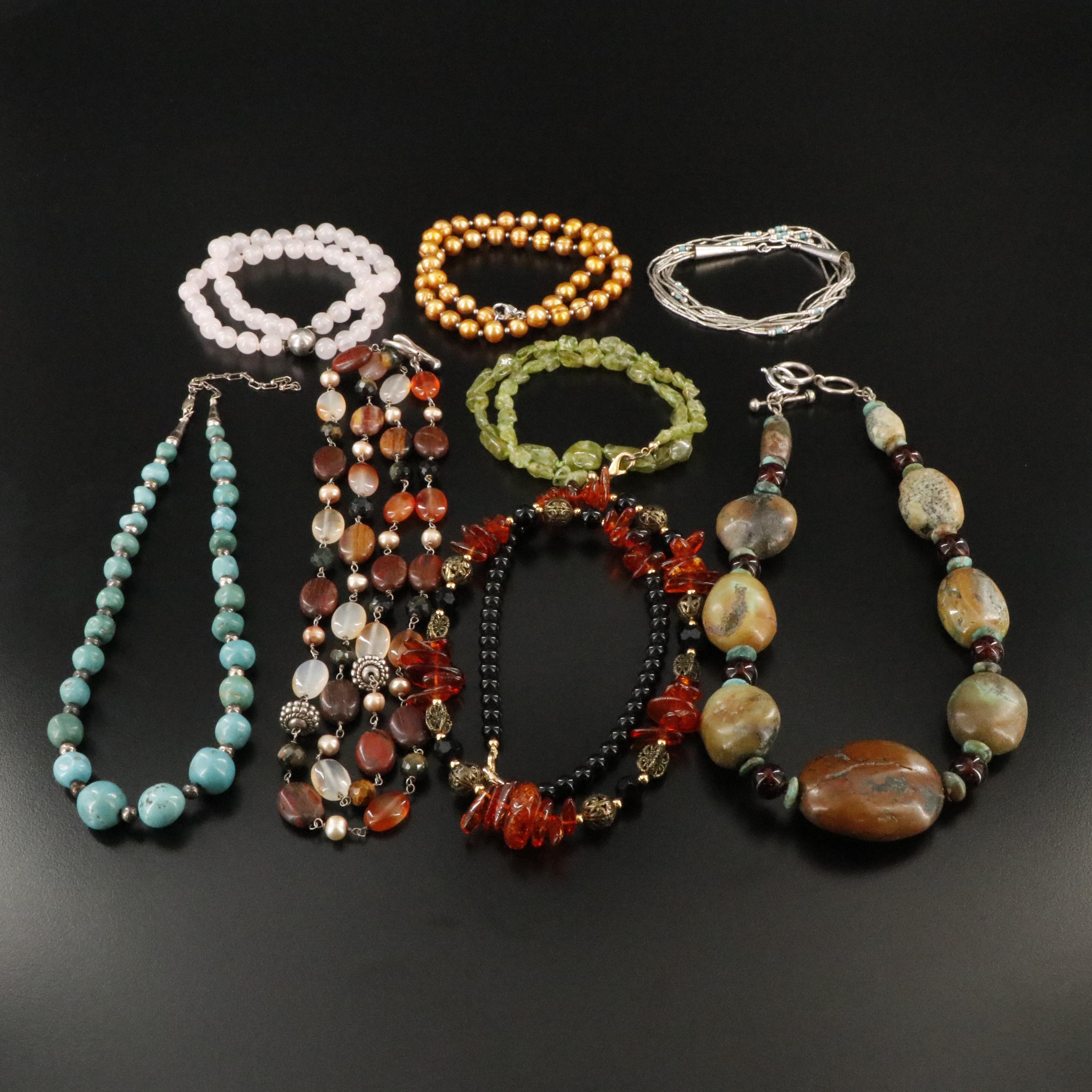 Sterling Necklace Collection Including Pearl, Peridot and Amber