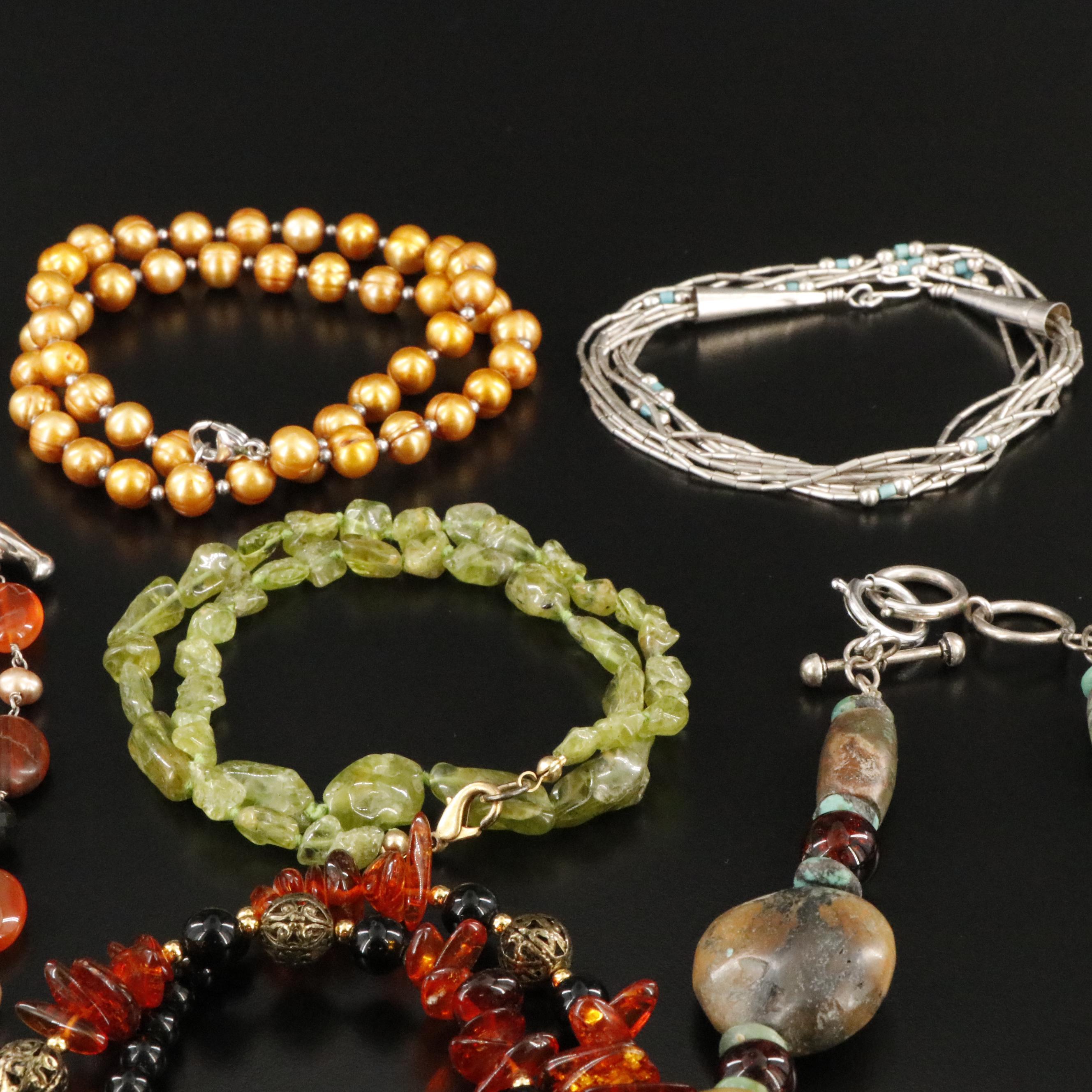 Sterling Necklace Collection Including Pearl, Peridot and Amber