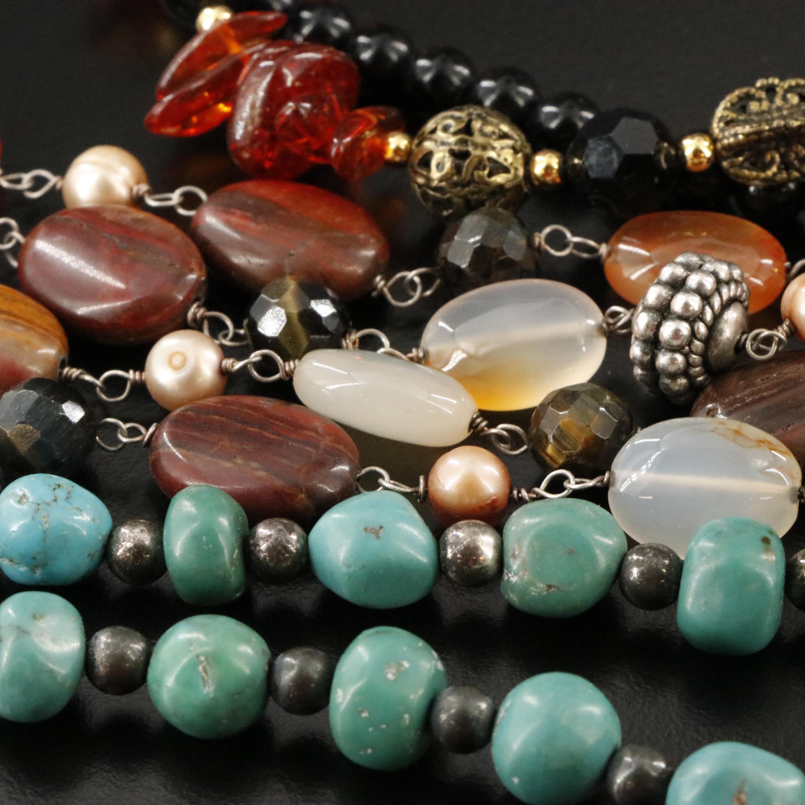 Sterling Necklace Collection Including Pearl, Peridot and Amber