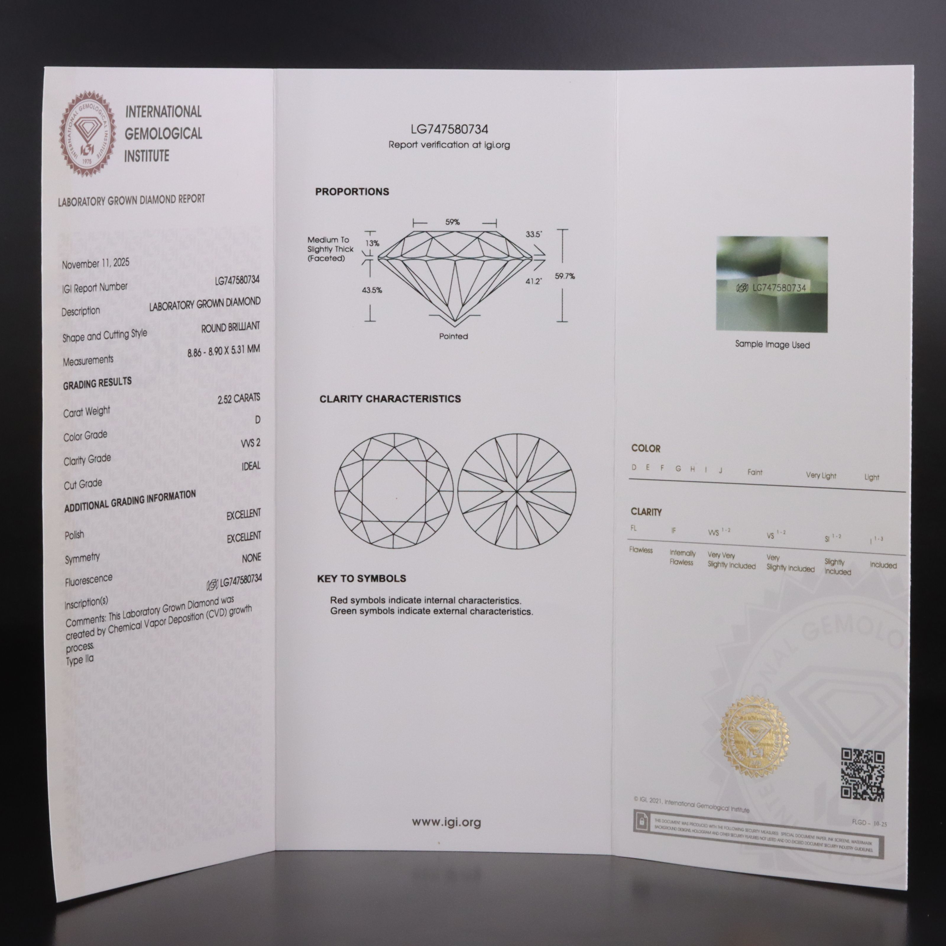 Loose 2.52 CT Lab Grown Diamond with IGI Report