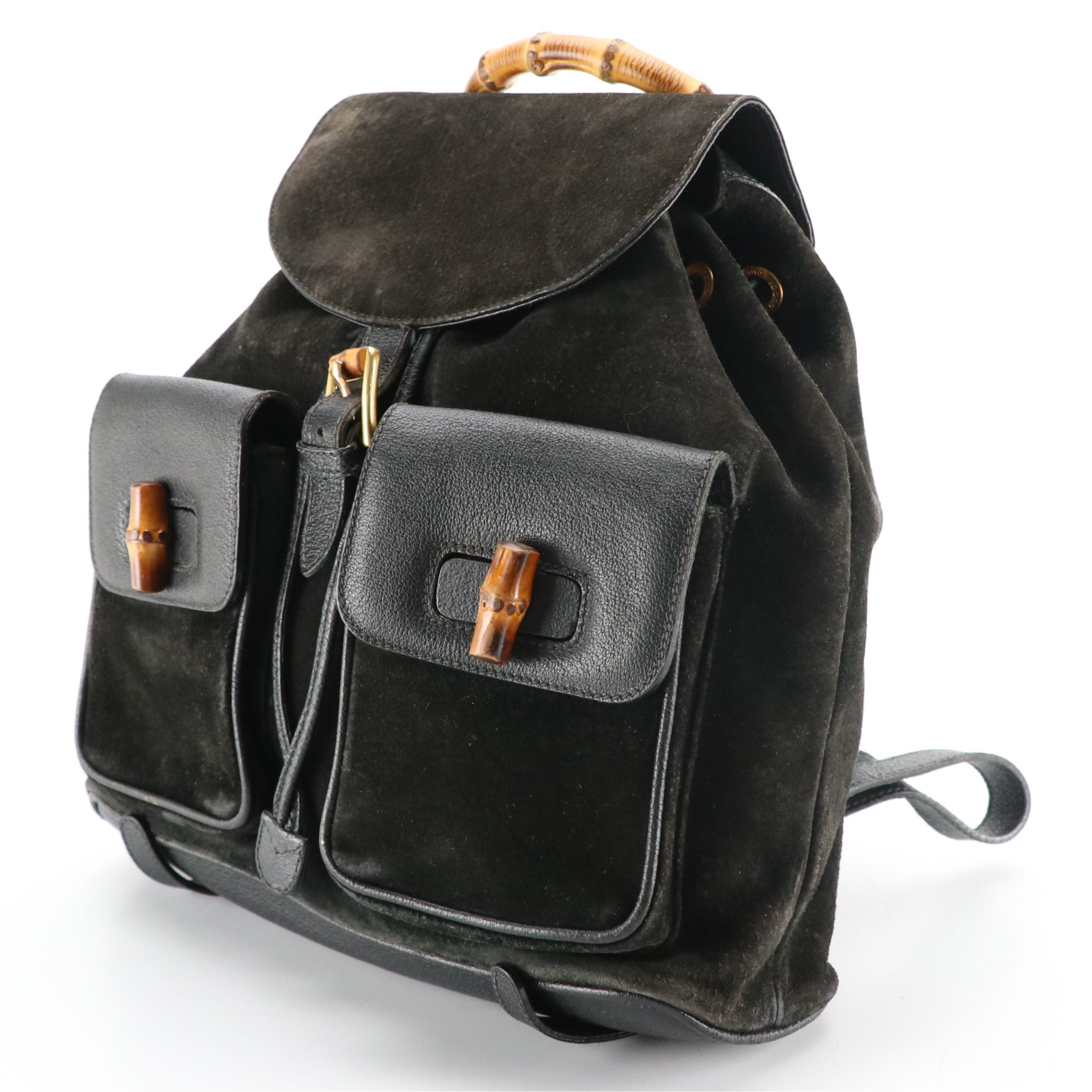 Gucci Black Suede Bamboo Handle Backpack with Grained Leather Trim