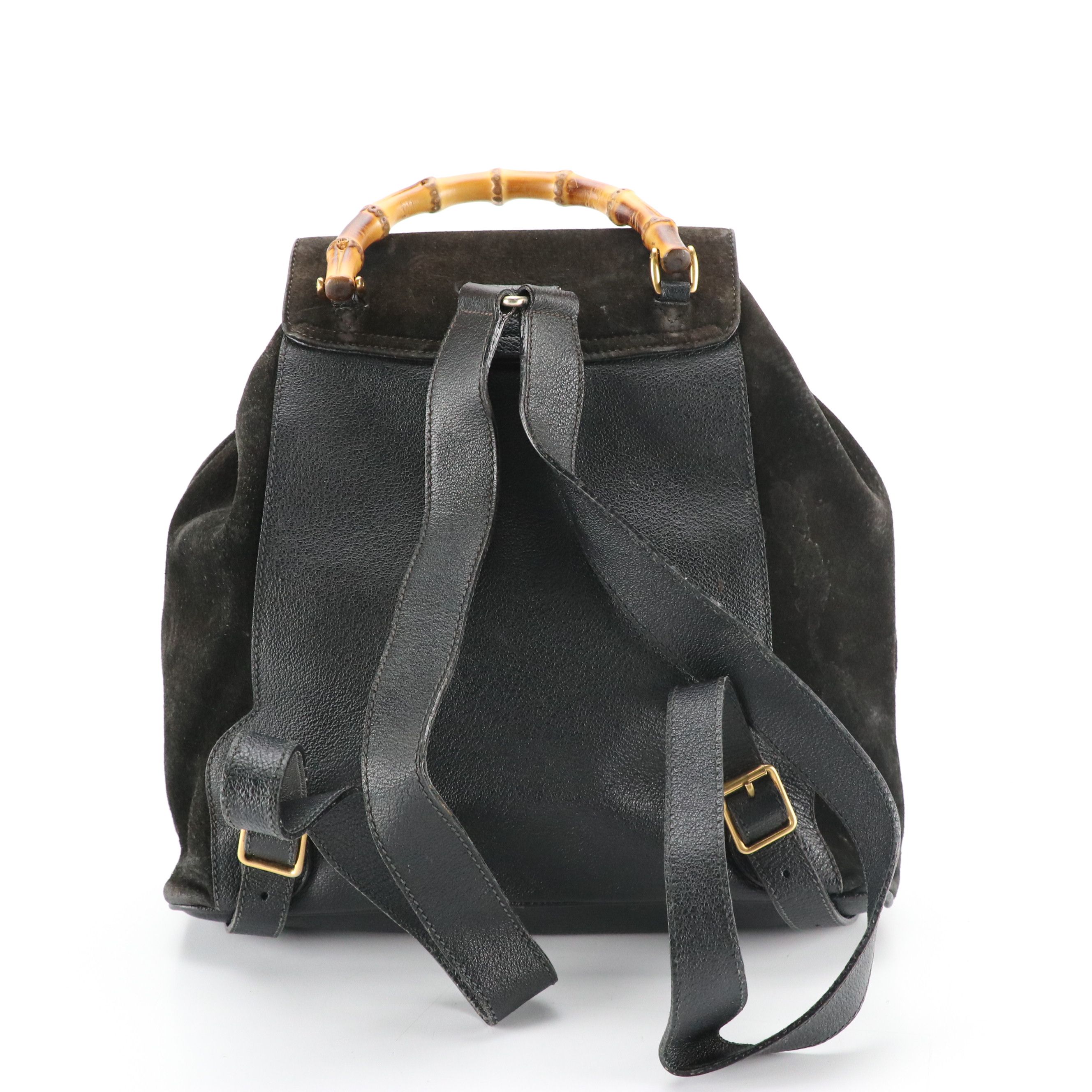 Gucci Black Suede Bamboo Handle Backpack with Grained Leather Trim