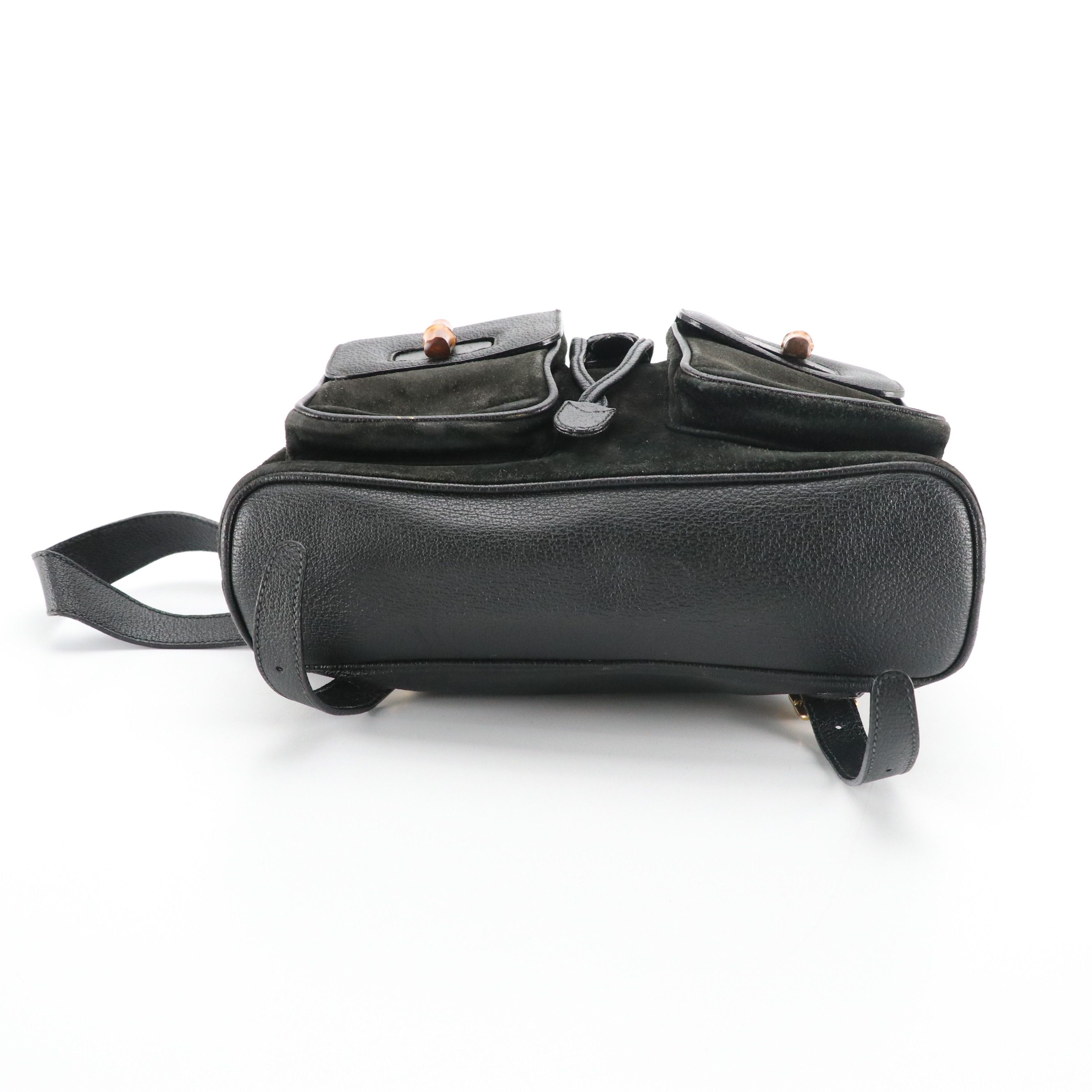 Gucci Black Suede Bamboo Handle Backpack with Grained Leather Trim