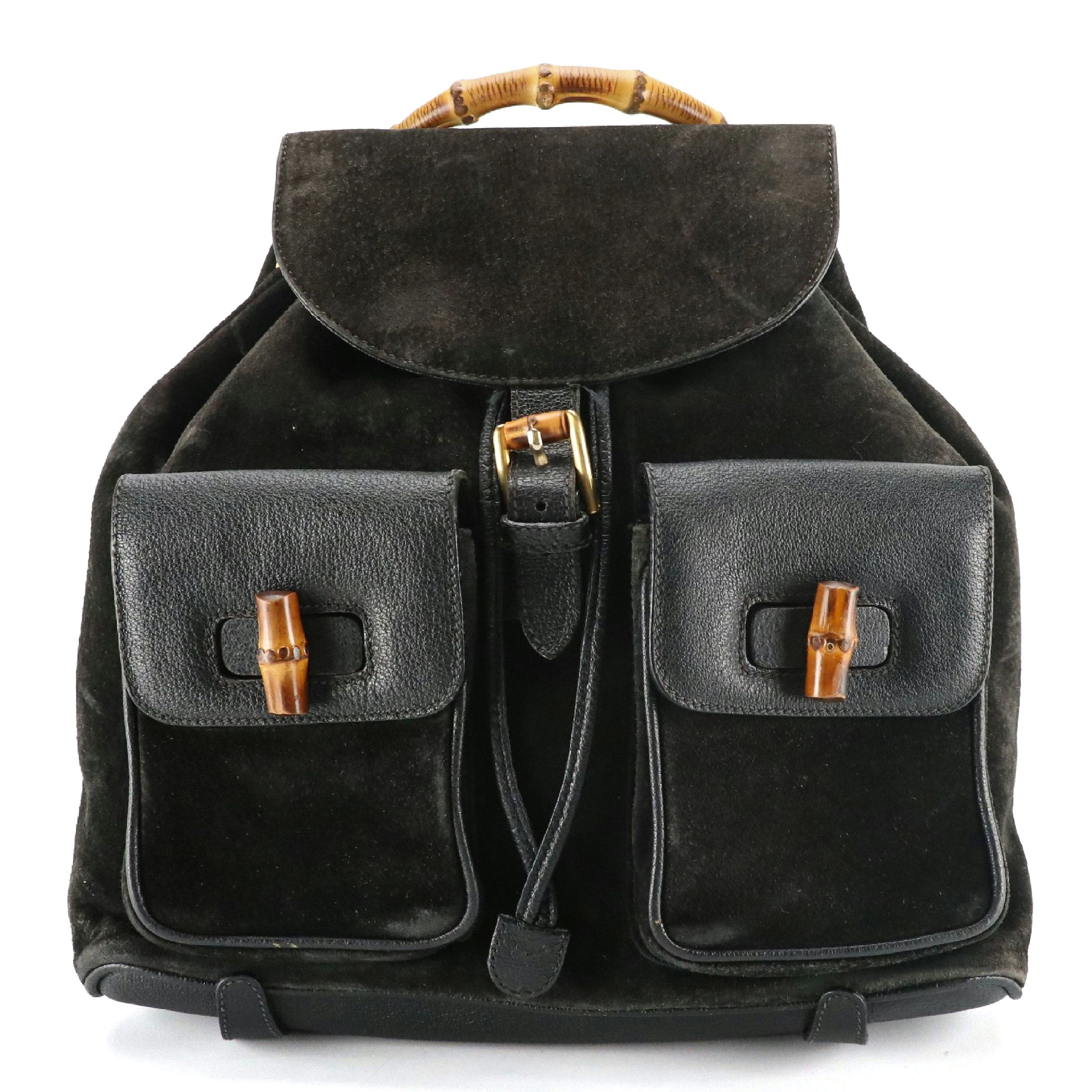 Gucci Black Suede Bamboo Handle Backpack with Grained Leather Trim