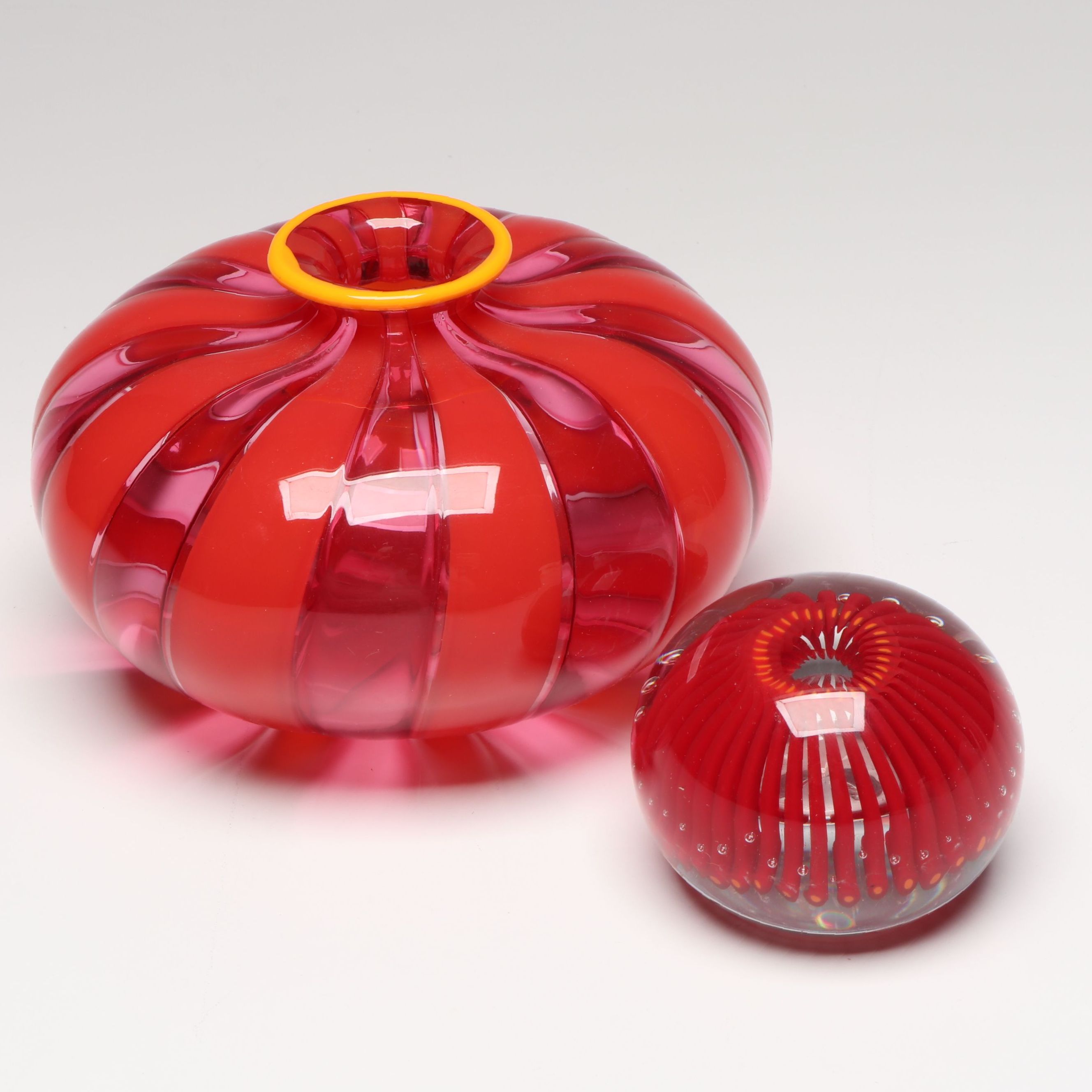 Sam Stang Signed Cane Pattern Blown Glass Vase with Other Art Glass Paperweight