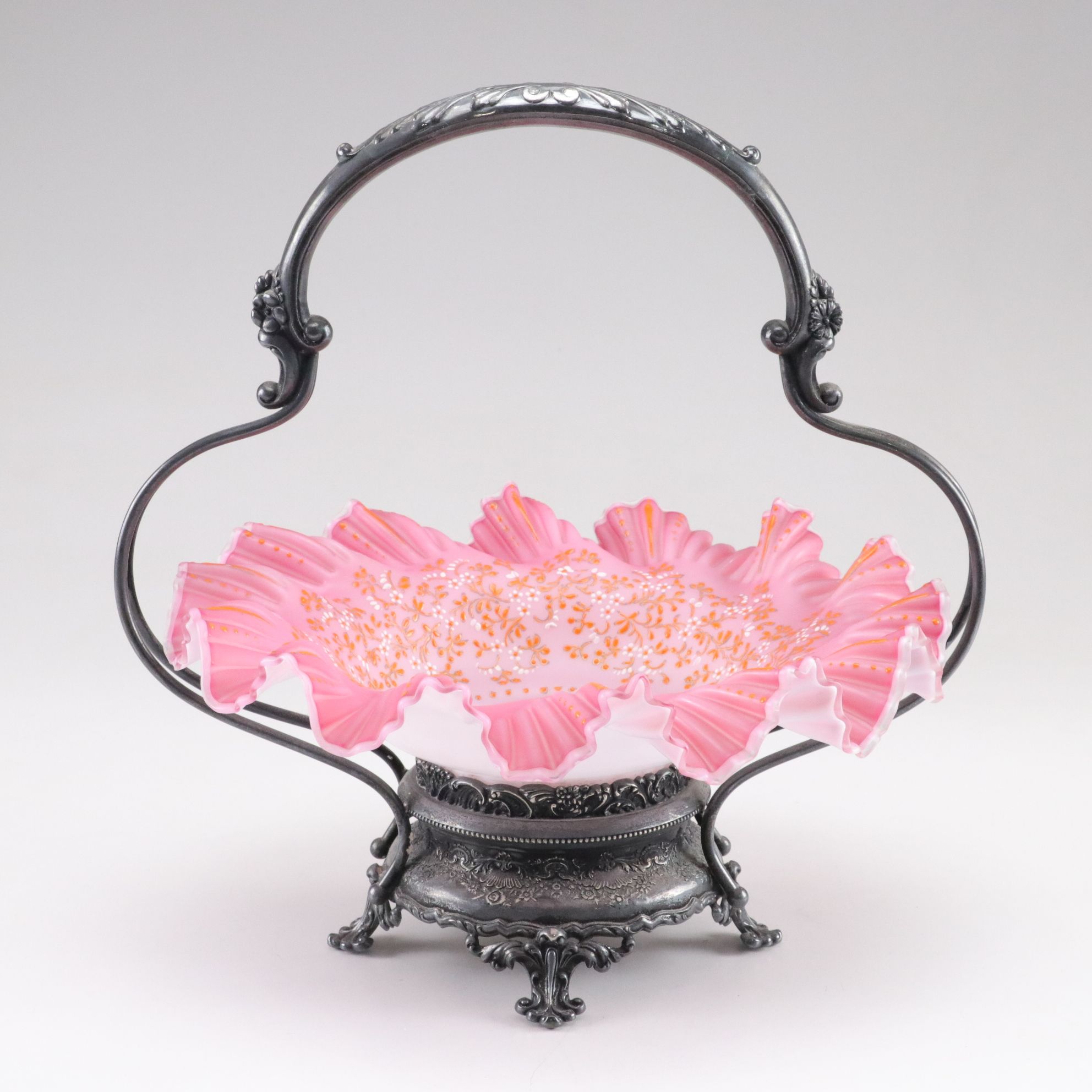 Meriden Silver Plate Co. Pink Satin Art Glass Bride's Basket, Late 19th C.