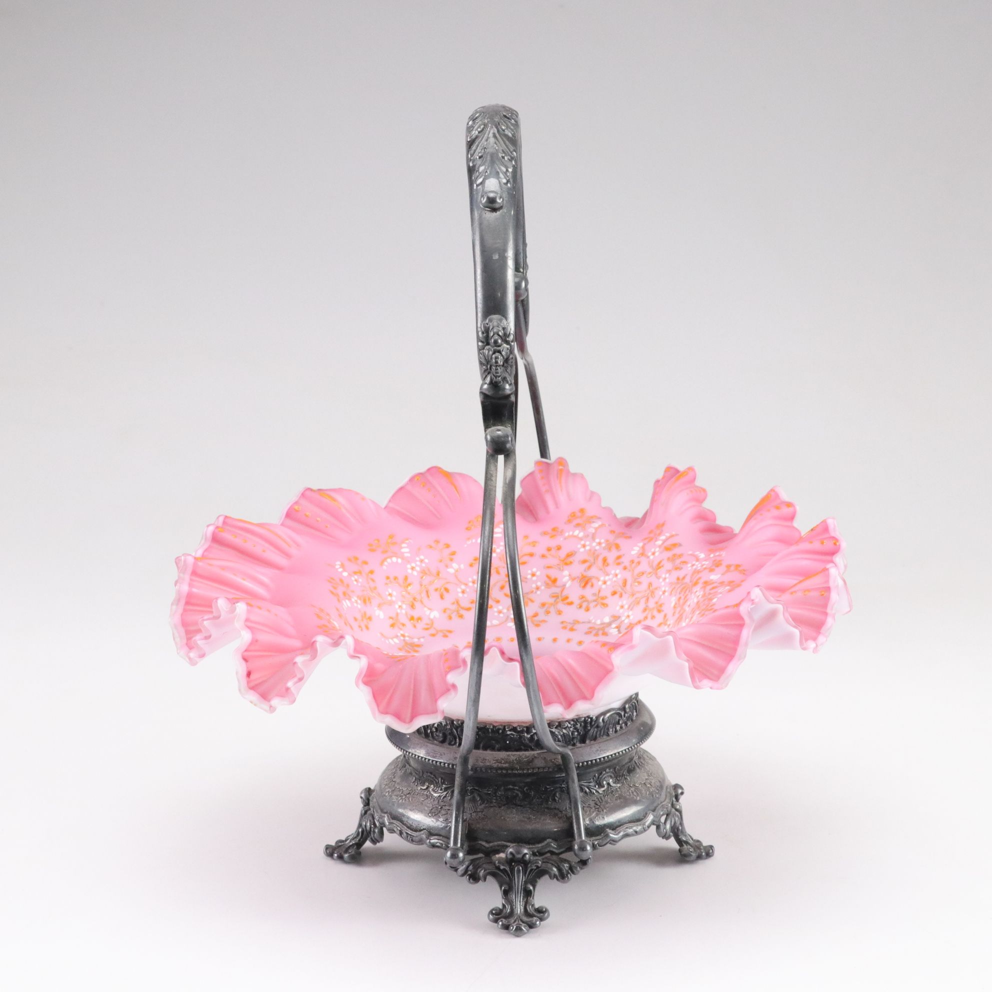 Meriden Silver Plate Co. Pink Satin Art Glass Bride's Basket, Late 19th C.