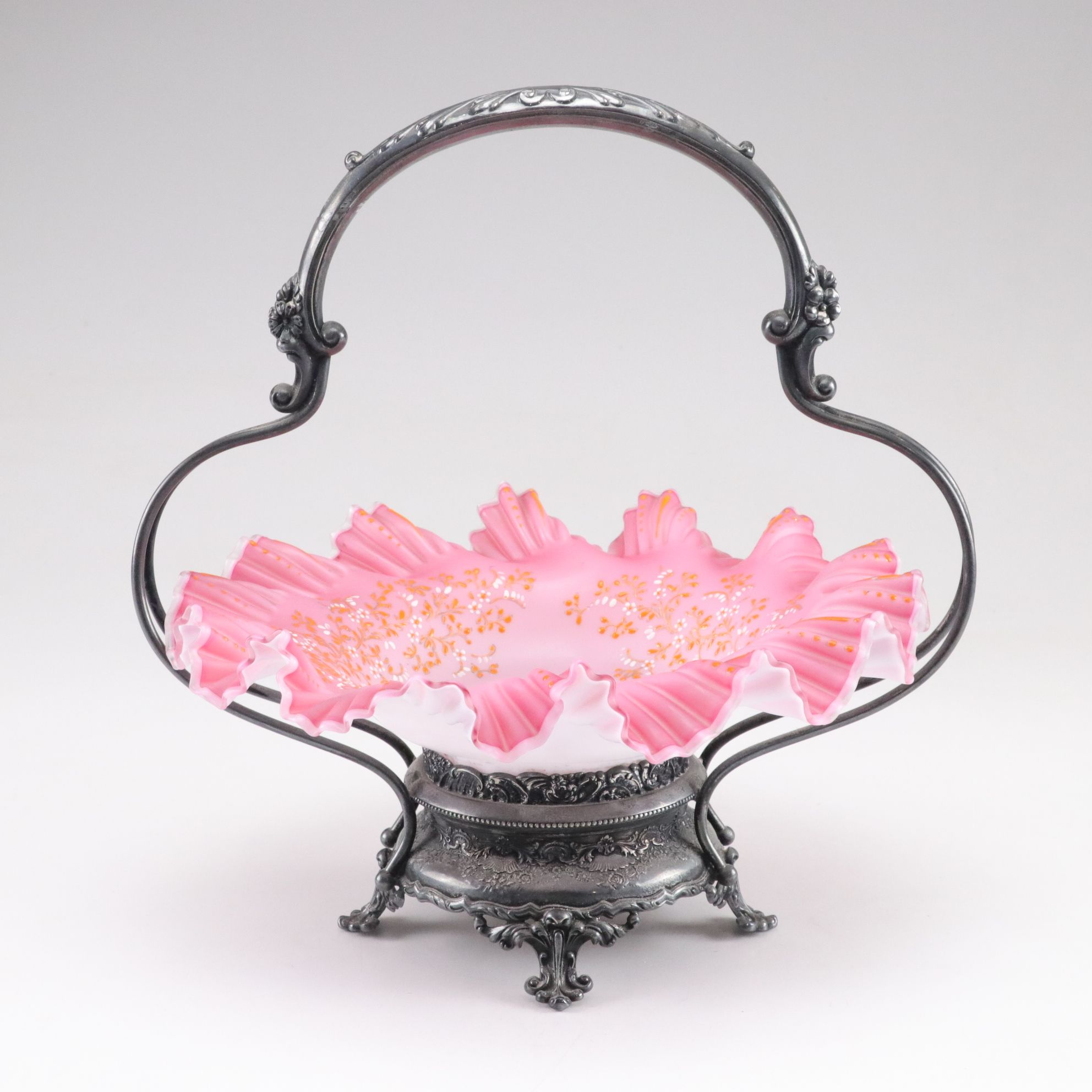Meriden Silver Plate Co. Pink Satin Art Glass Bride's Basket, Late 19th C.