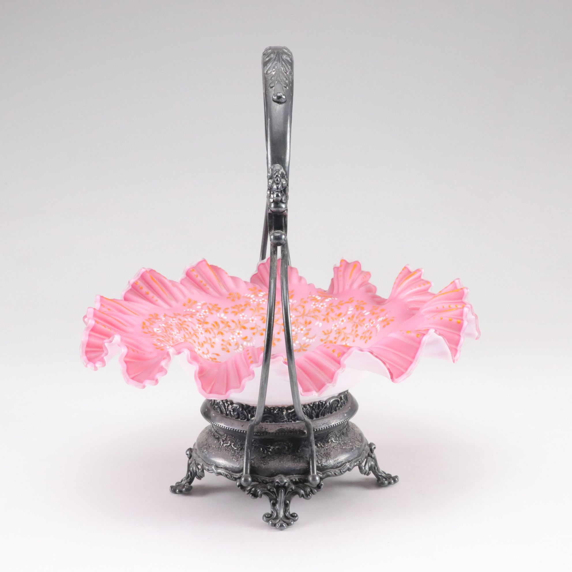 Meriden Silver Plate Co. Pink Satin Art Glass Bride's Basket, Late 19th C.