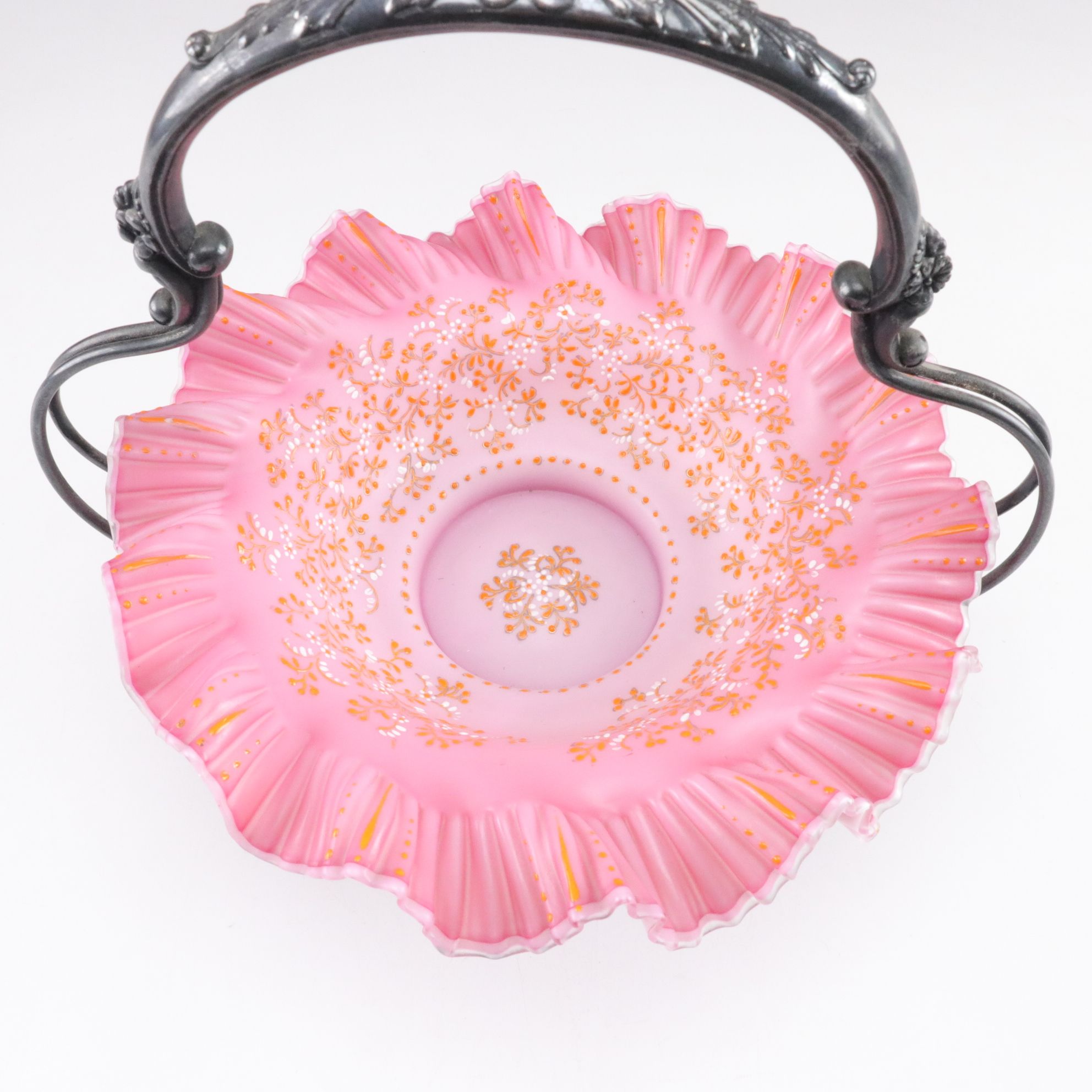 Meriden Silver Plate Co. Pink Satin Art Glass Bride's Basket, Late 19th C.