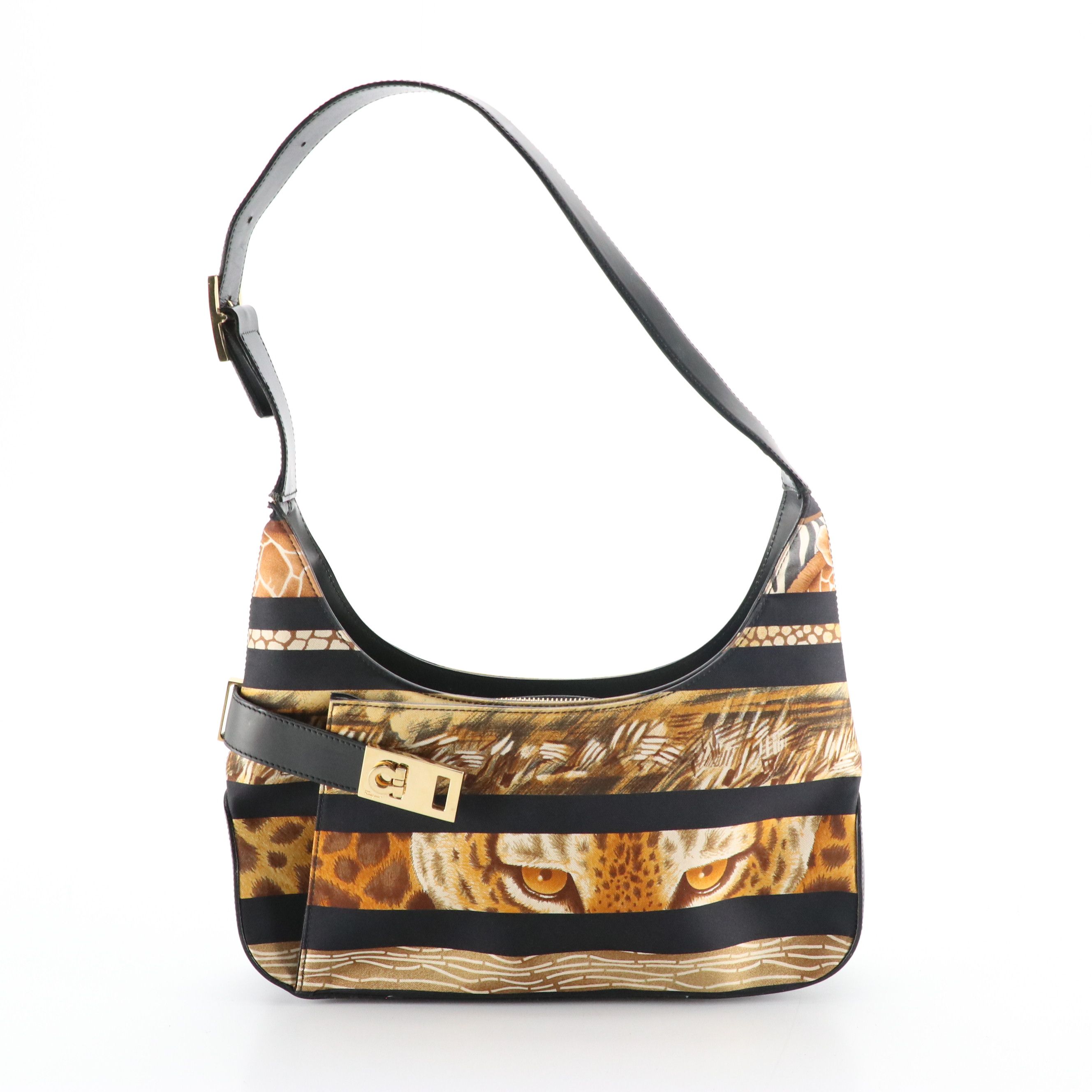 Salvatore Ferragamo Shoulder Bag in Jungle Print Canvas and Glazed Leather