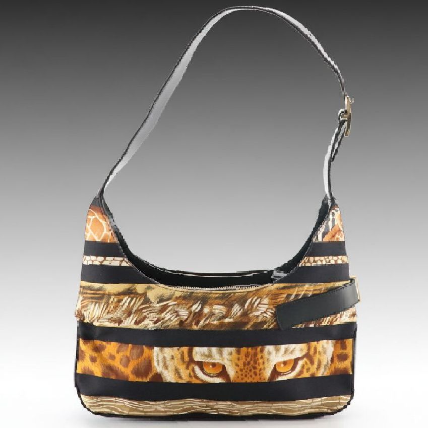 Salvatore Ferragamo Shoulder Bag in Jungle Print Canvas and Glazed Leather