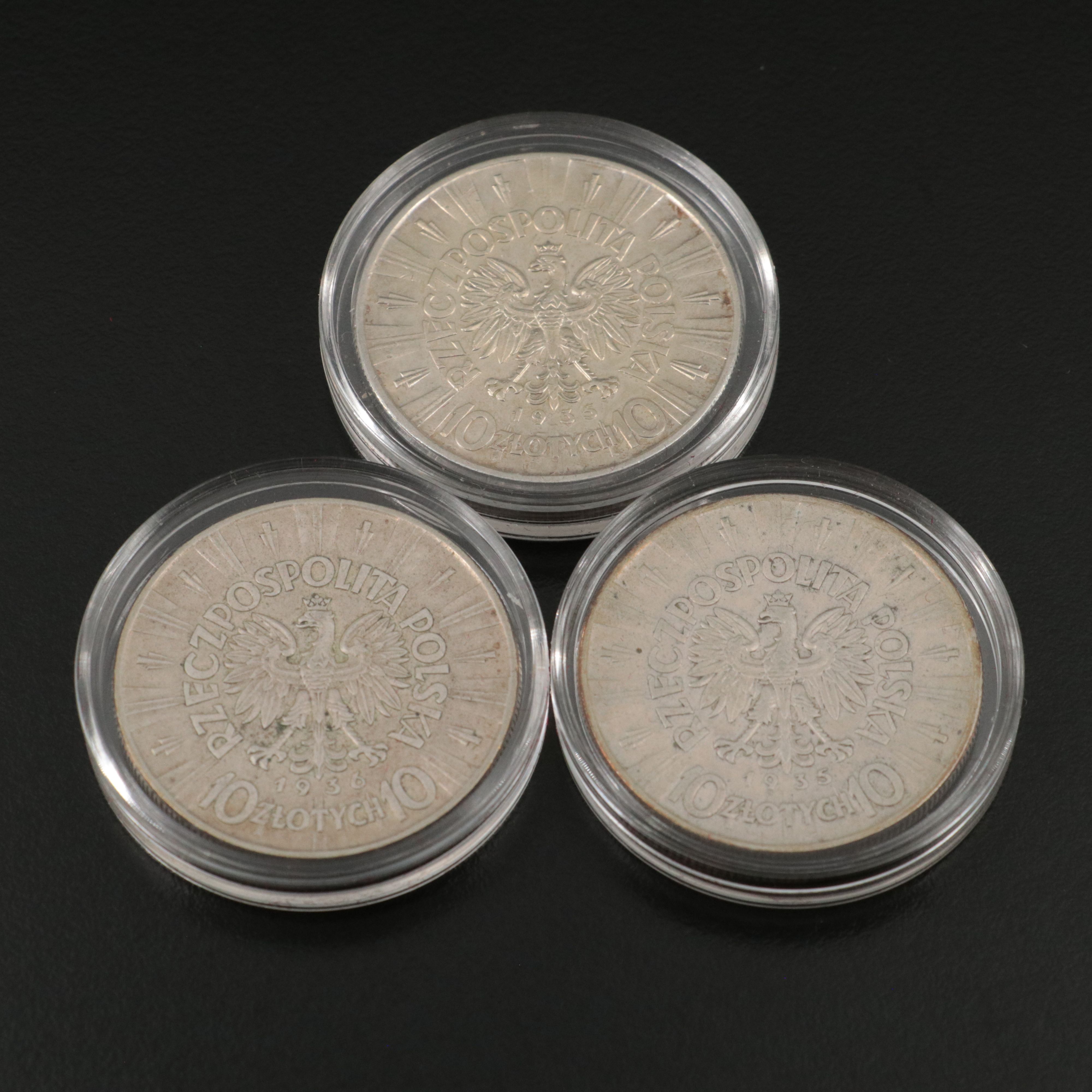 Six Poland Commemorative Silver Ten Zoltych Coins from the 1930's