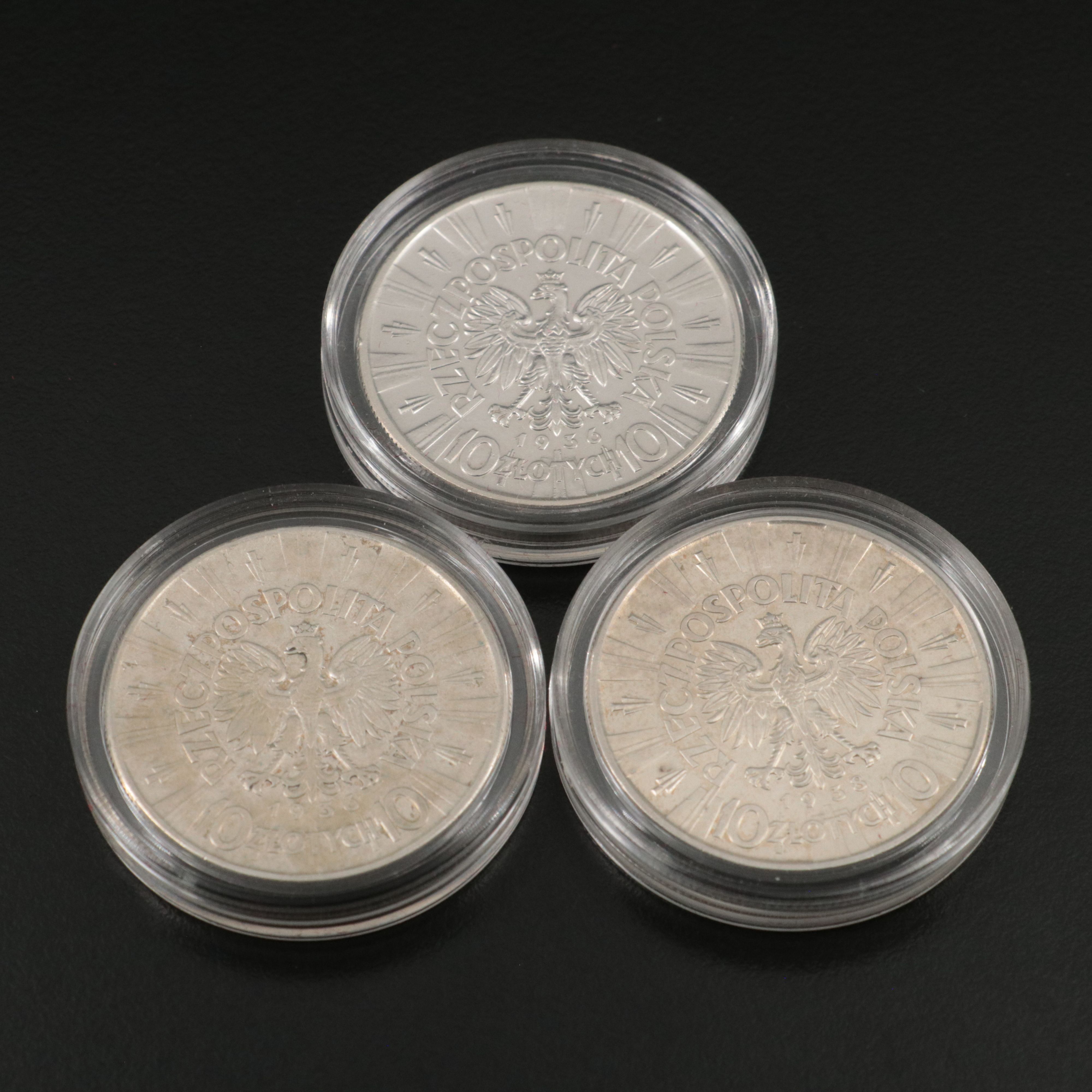 Six Poland Commemorative Silver Ten Zoltych Coins from the 1930's
