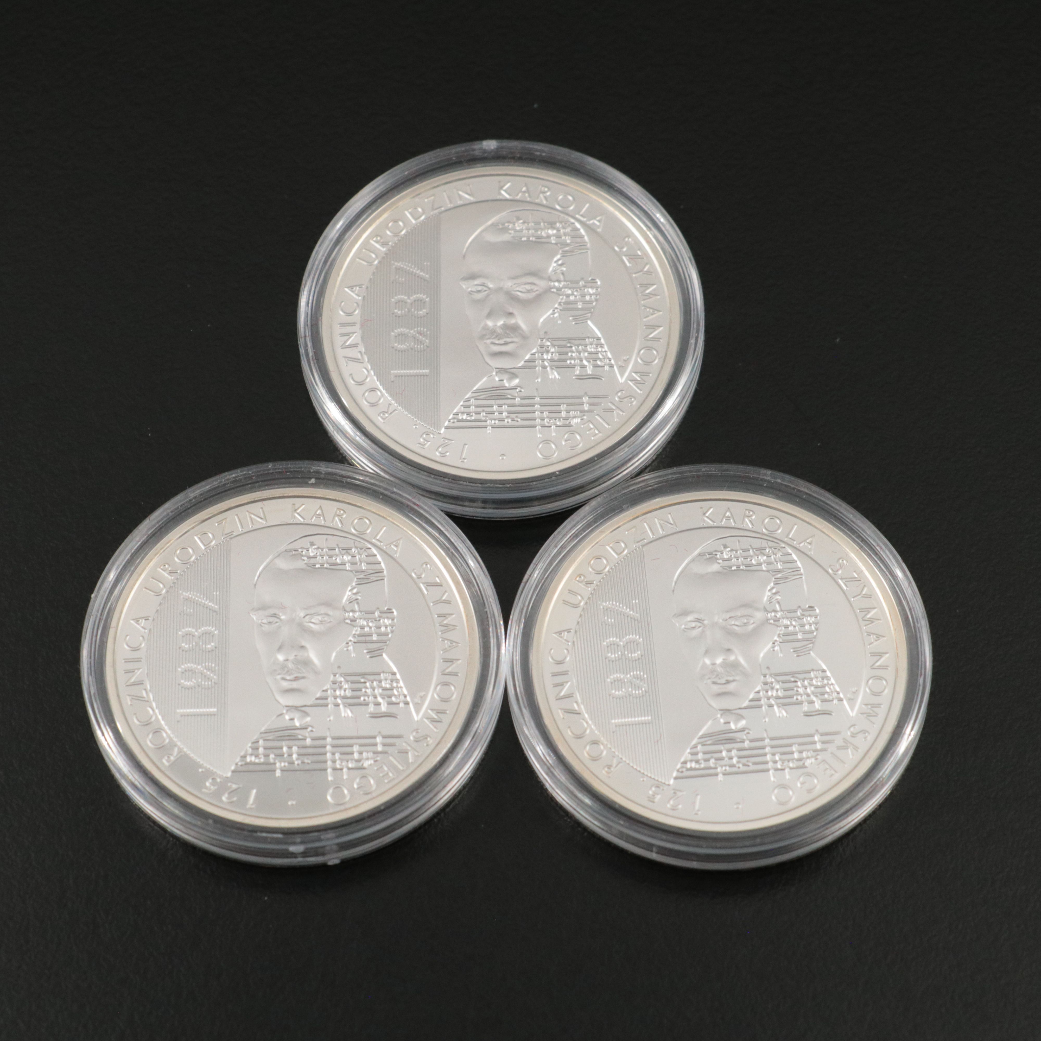 Five Different Poland Modern Commemorative Silver 10 Zt Coins