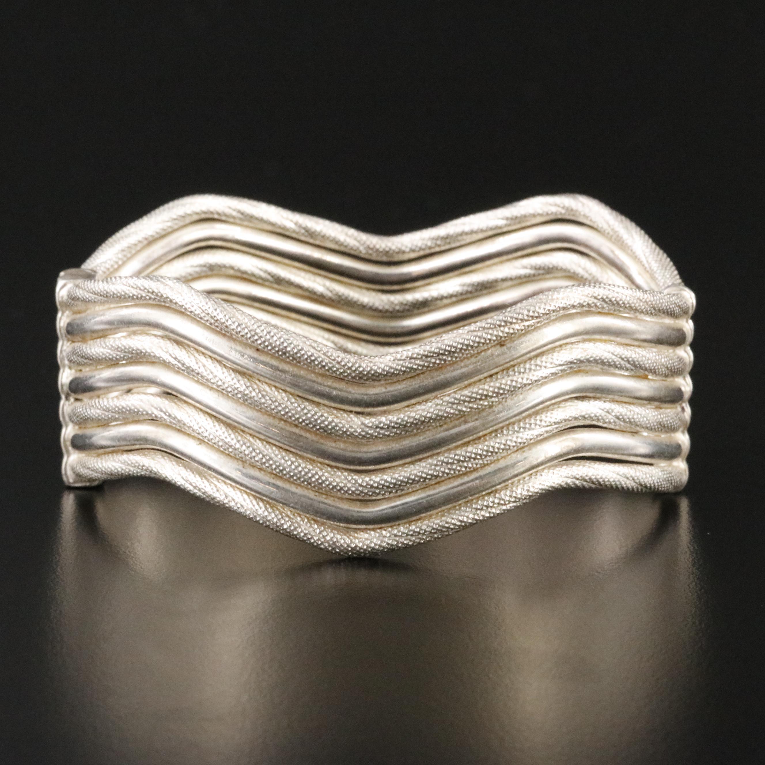 Sterling Wave Bangle with Knurled Accents