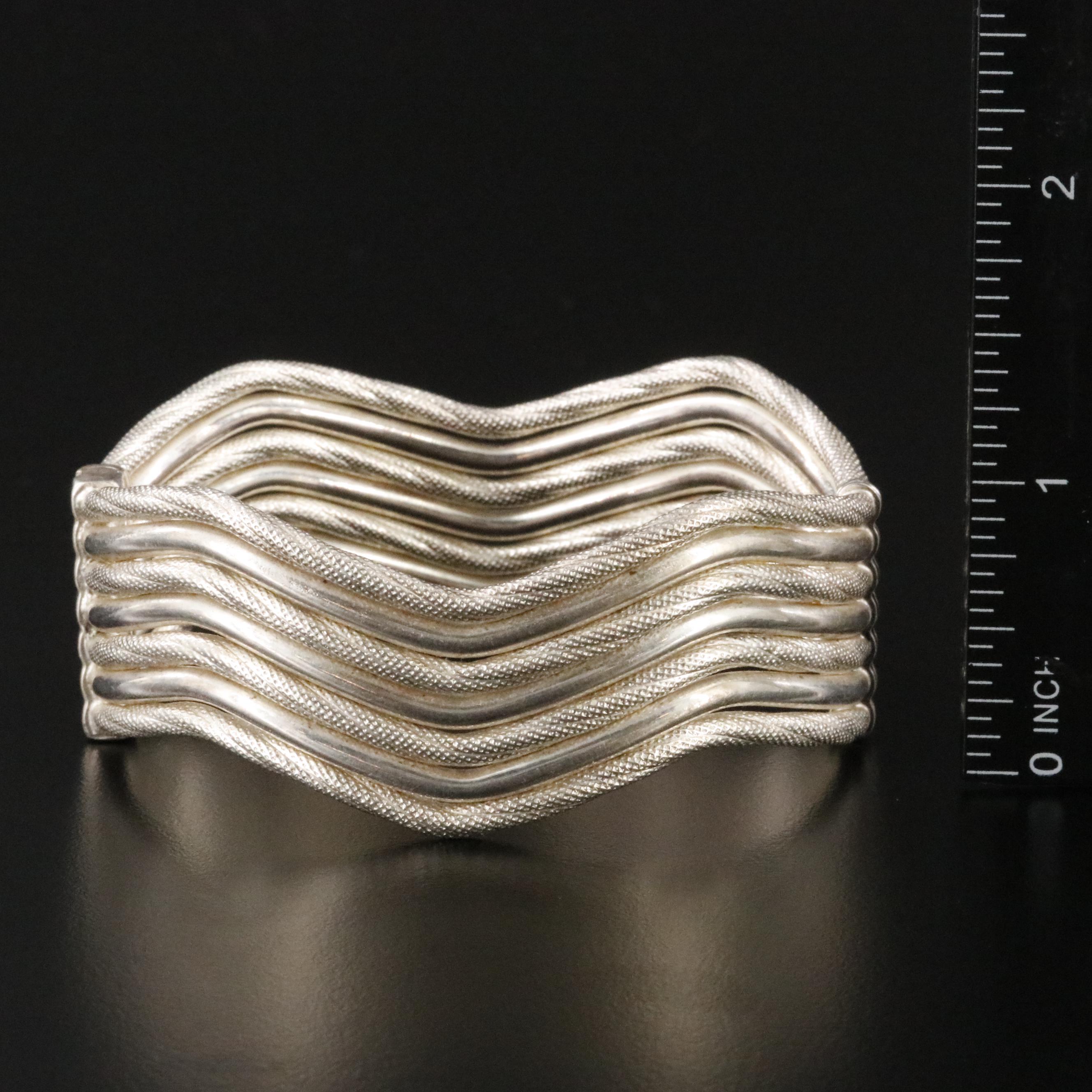 Sterling Wave Bangle with Knurled Accents