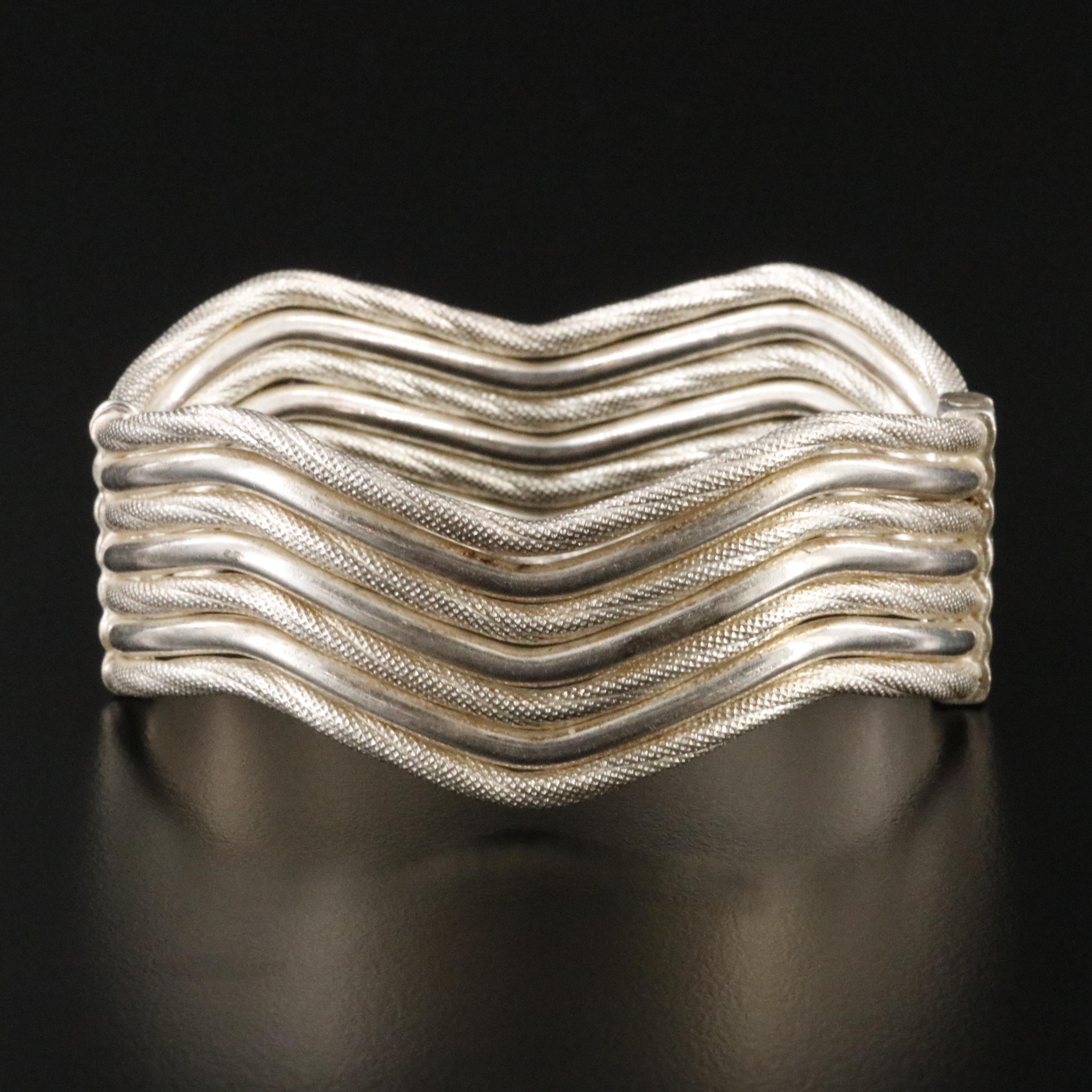 Sterling Wave Bangle with Knurled Accents