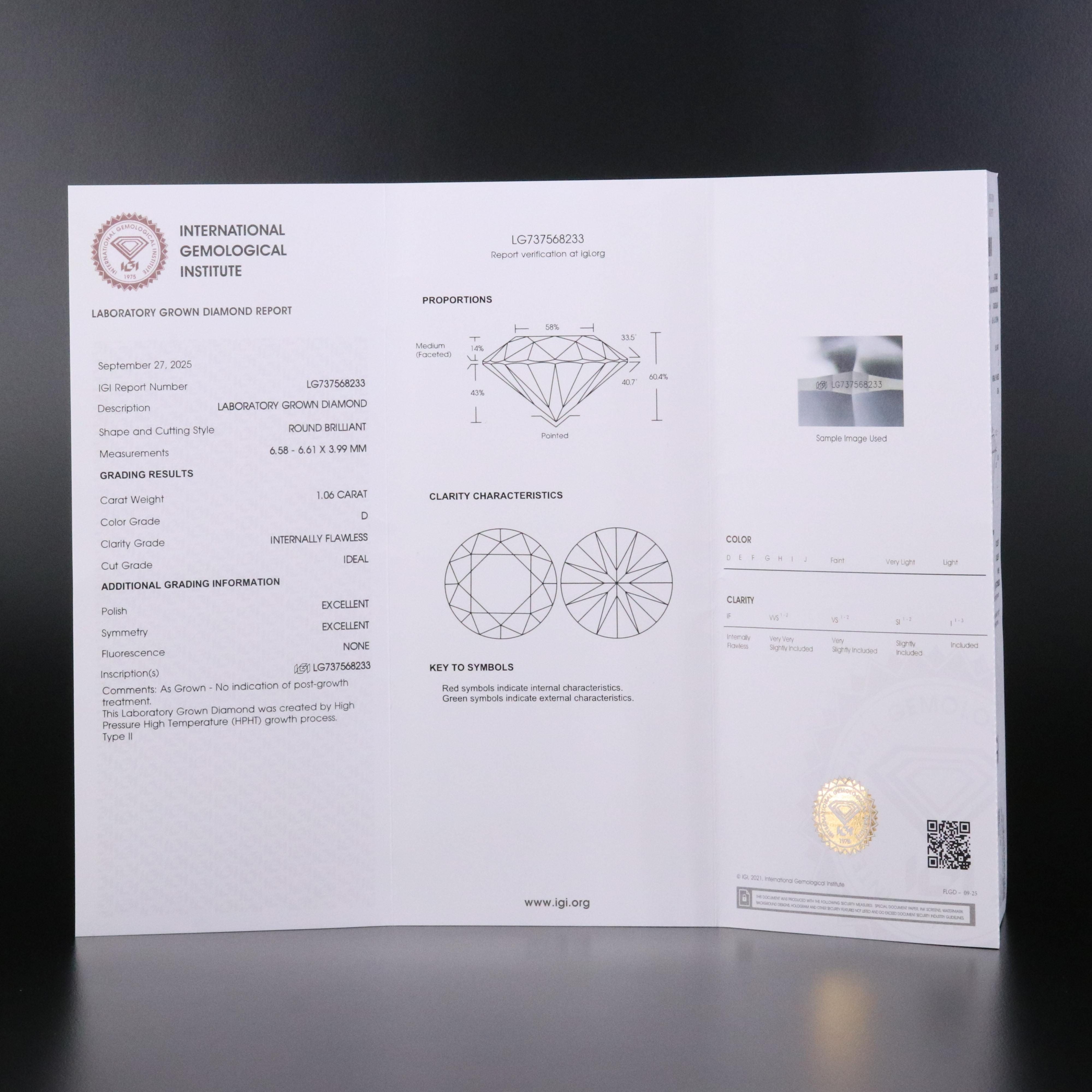 Loose 1.06 CT Lab Grown Diamond with IGI Report