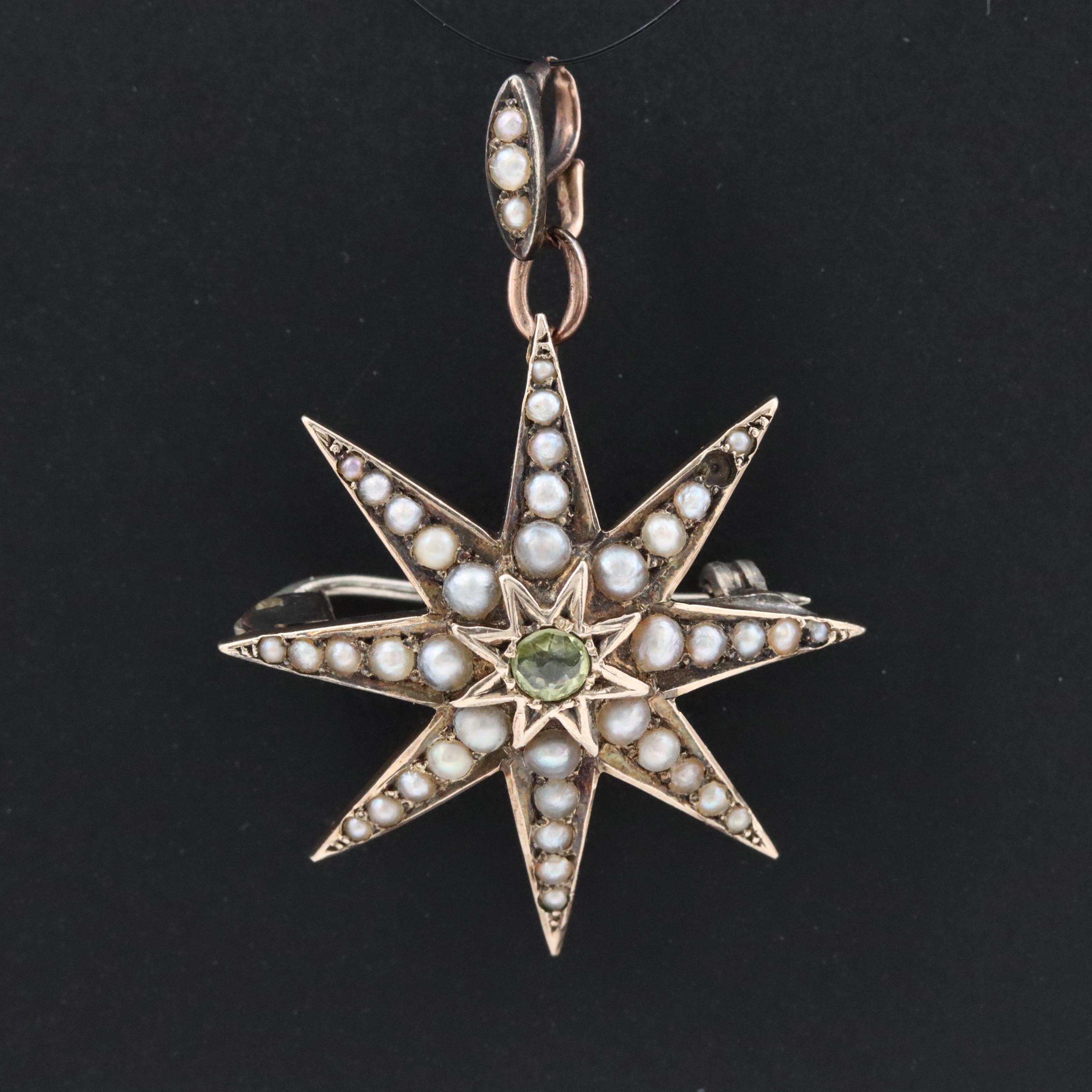 Victorian 9K Peridot and Seed Pearl Starburst Converter Brooch
