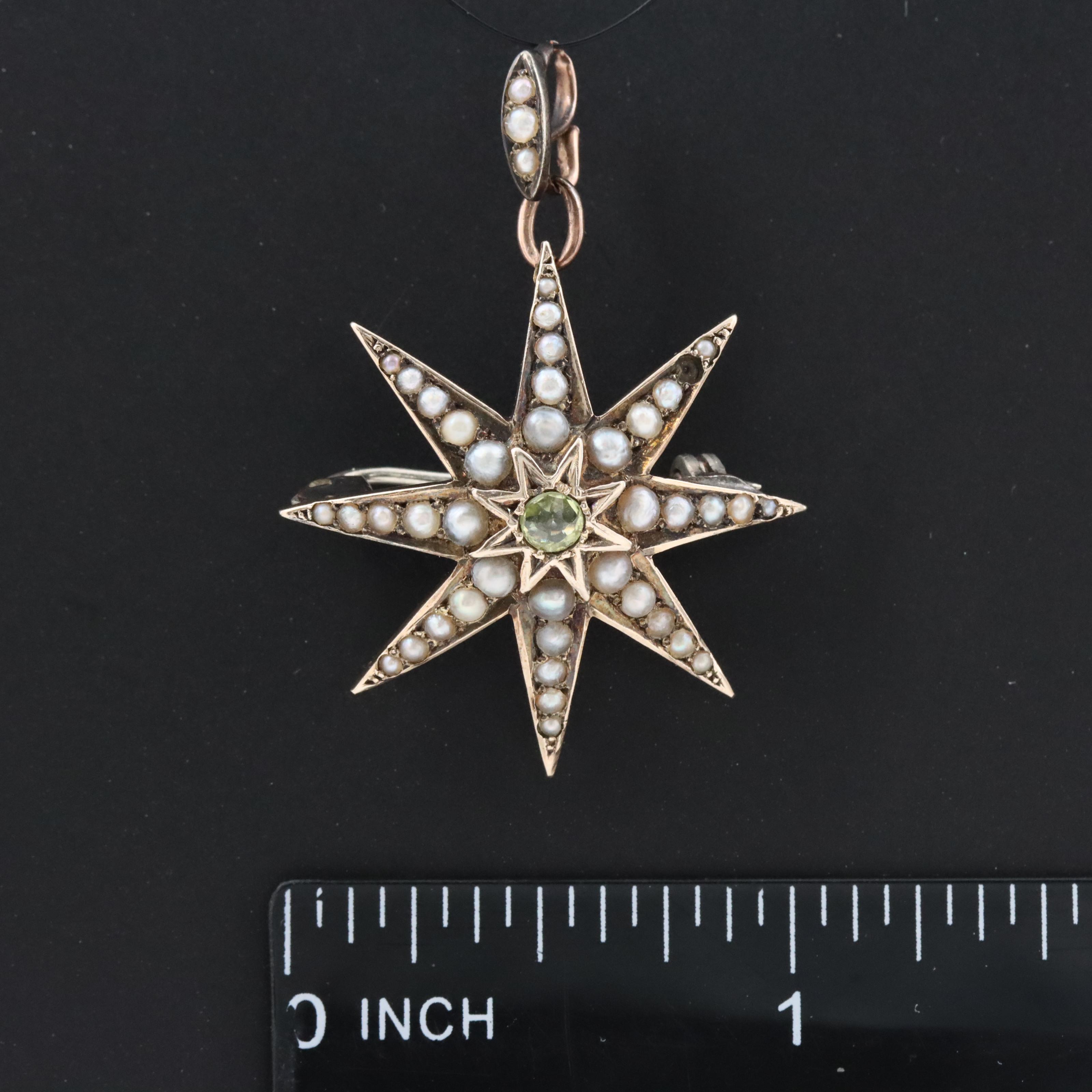 Victorian 9K Peridot and Seed Pearl Starburst Converter Brooch
