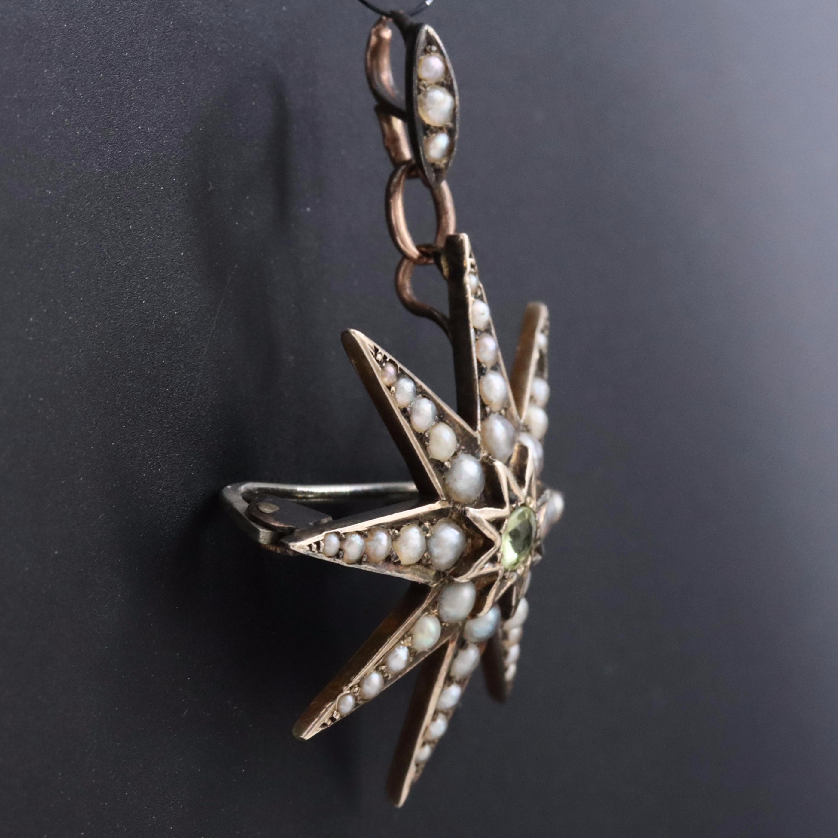 Victorian 9K Peridot and Seed Pearl Starburst Converter Brooch