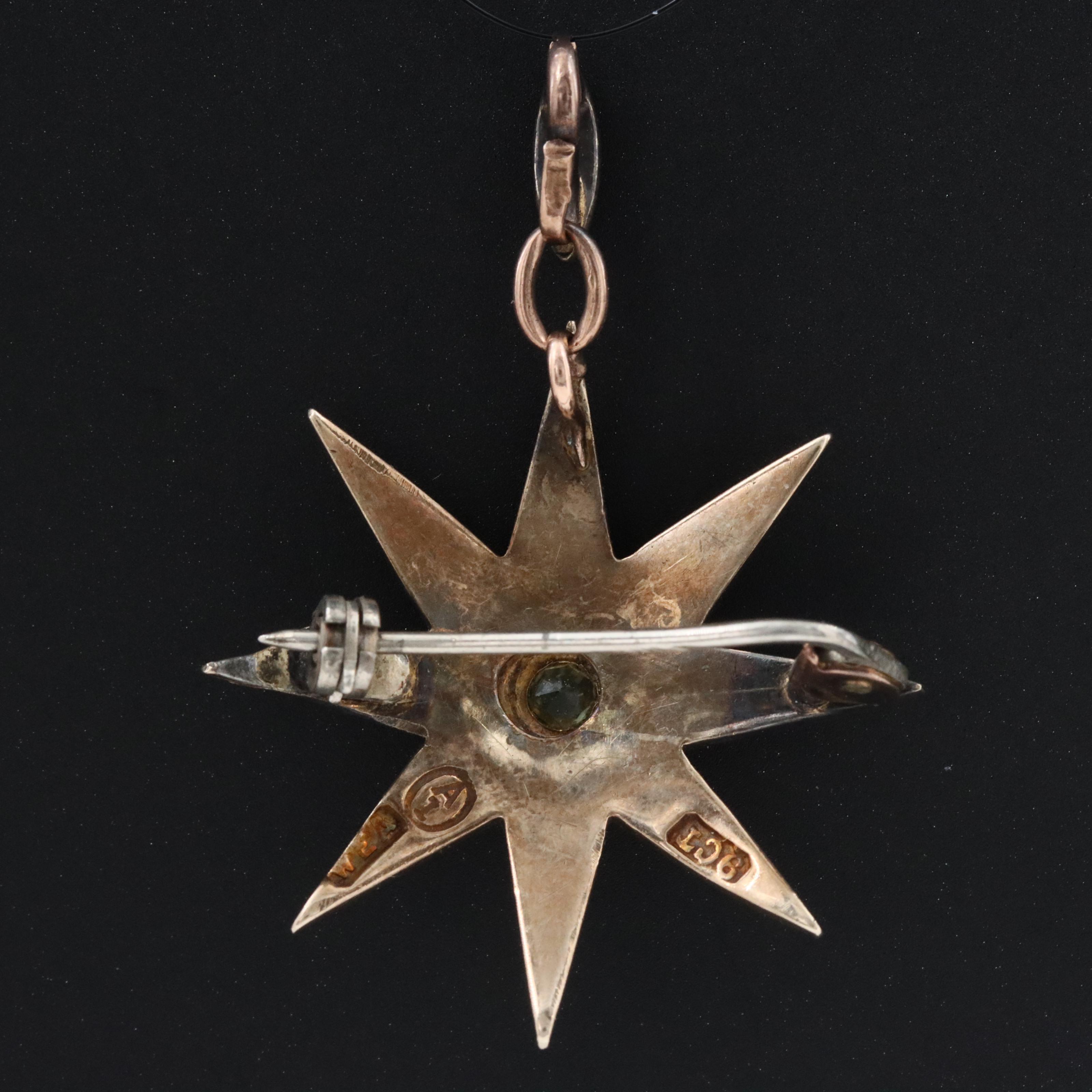 Victorian 9K Peridot and Seed Pearl Starburst Converter Brooch