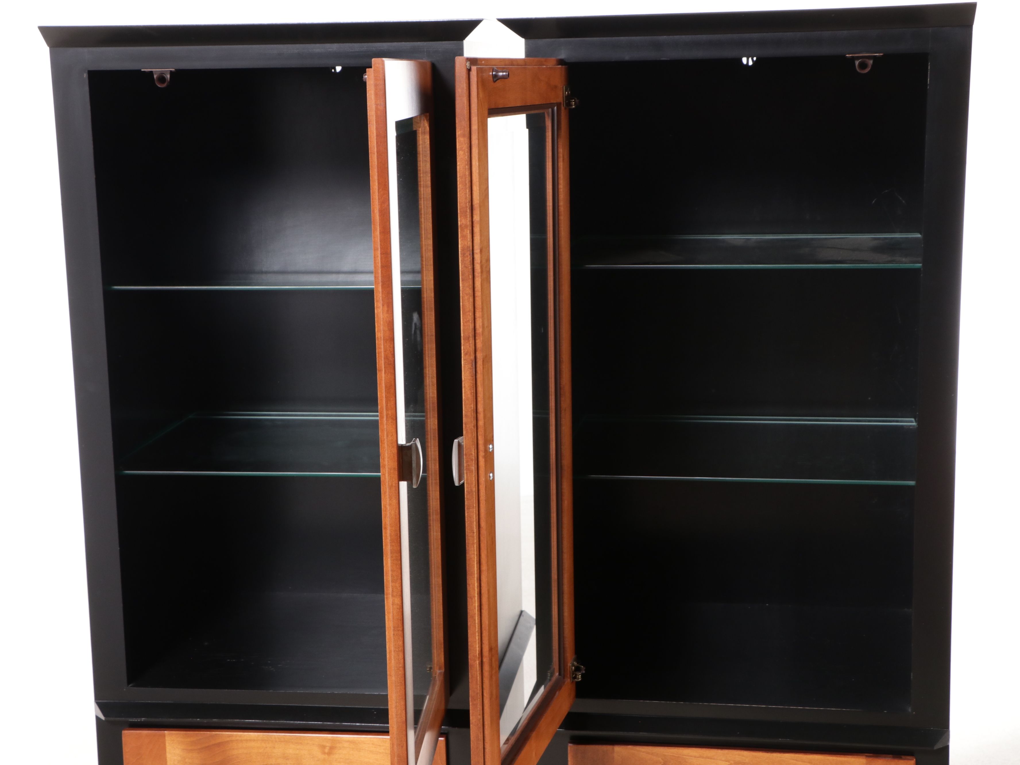 Pair of Contemporary Shaker Style Two-Tone Illuminated Glass Front Cabinets