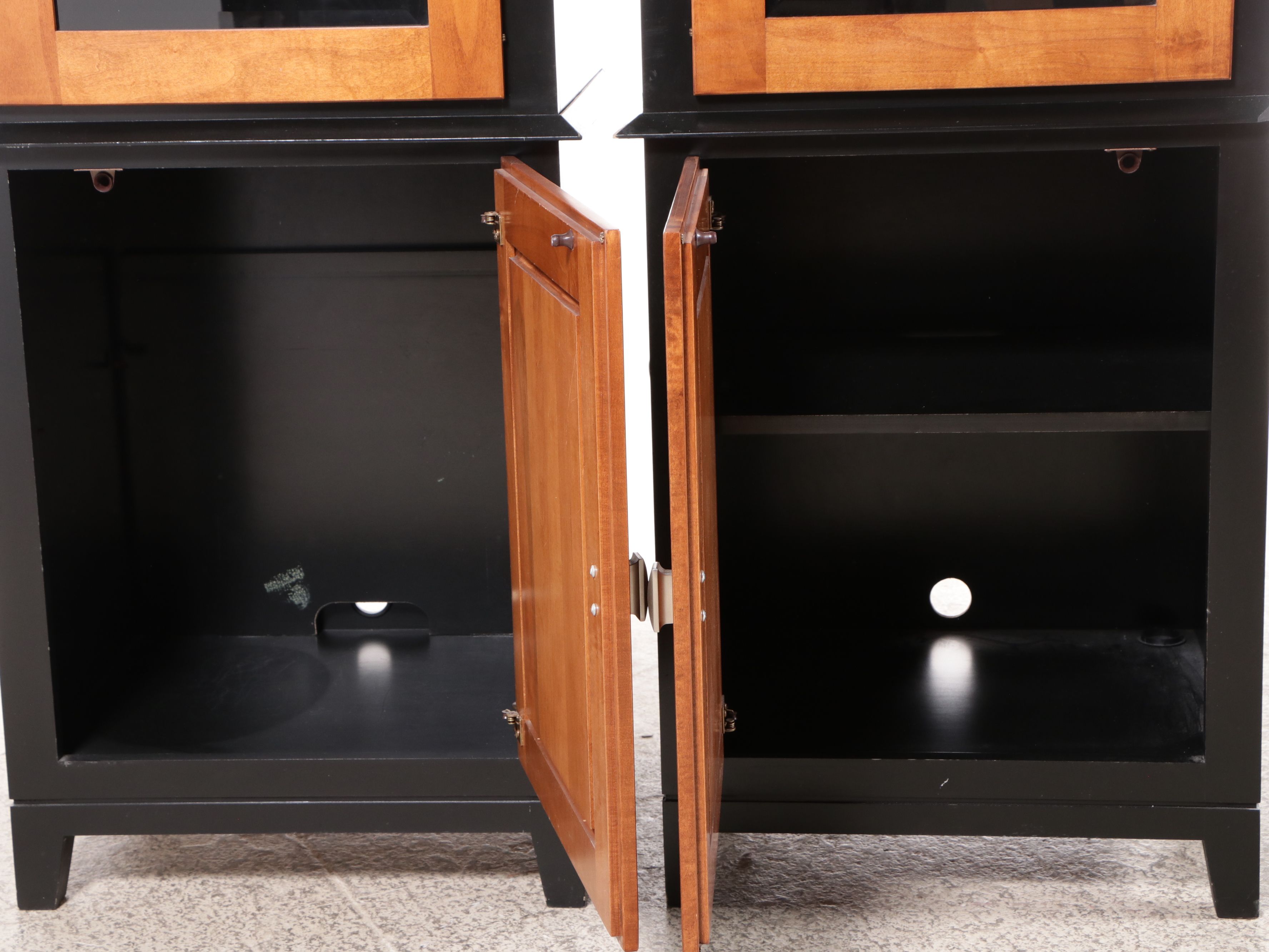 Pair of Contemporary Shaker Style Two-Tone Illuminated Glass Front Cabinets
