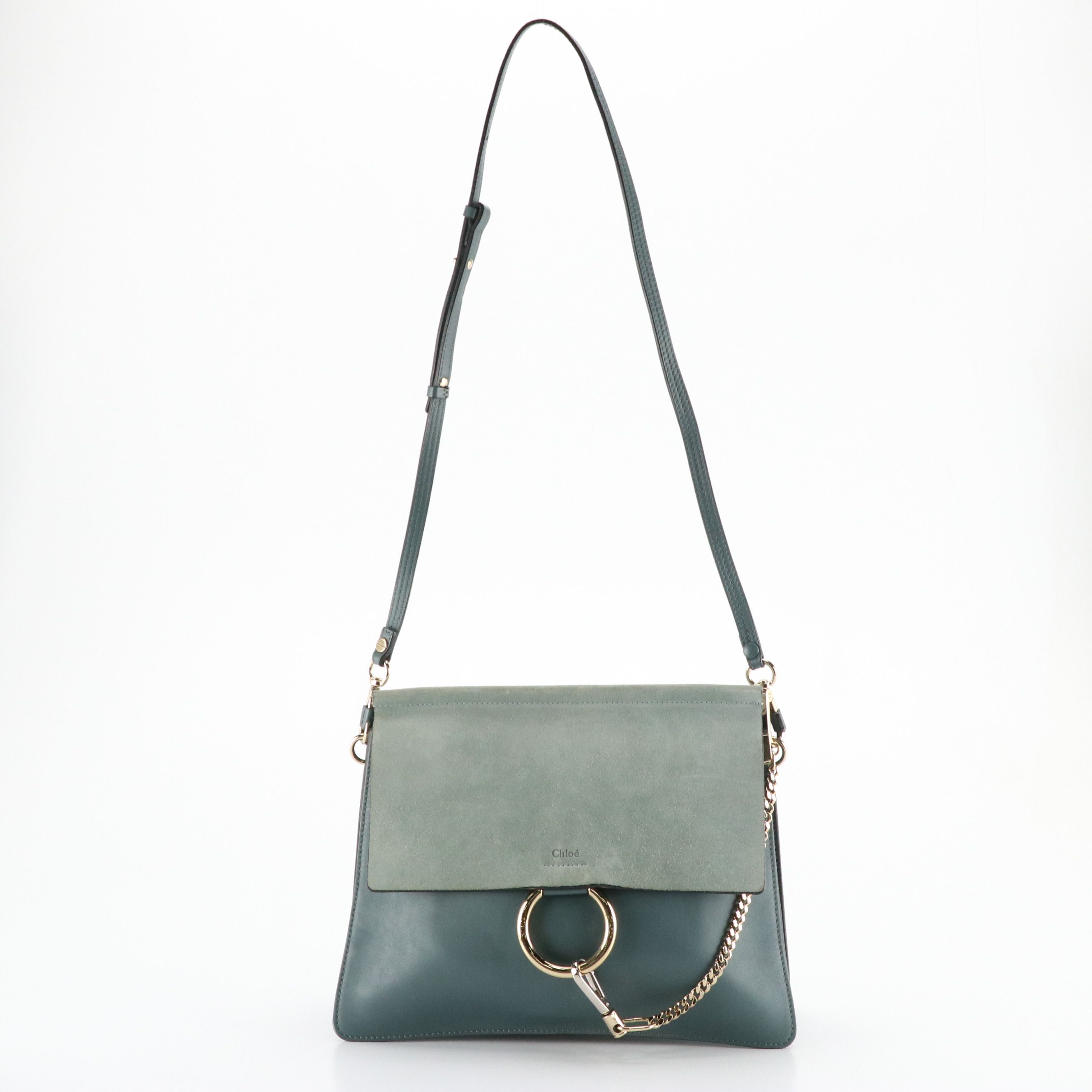 Chloé Large Faye Crossbody Bag in Cloudy Blue Calfskin Leather and Suede