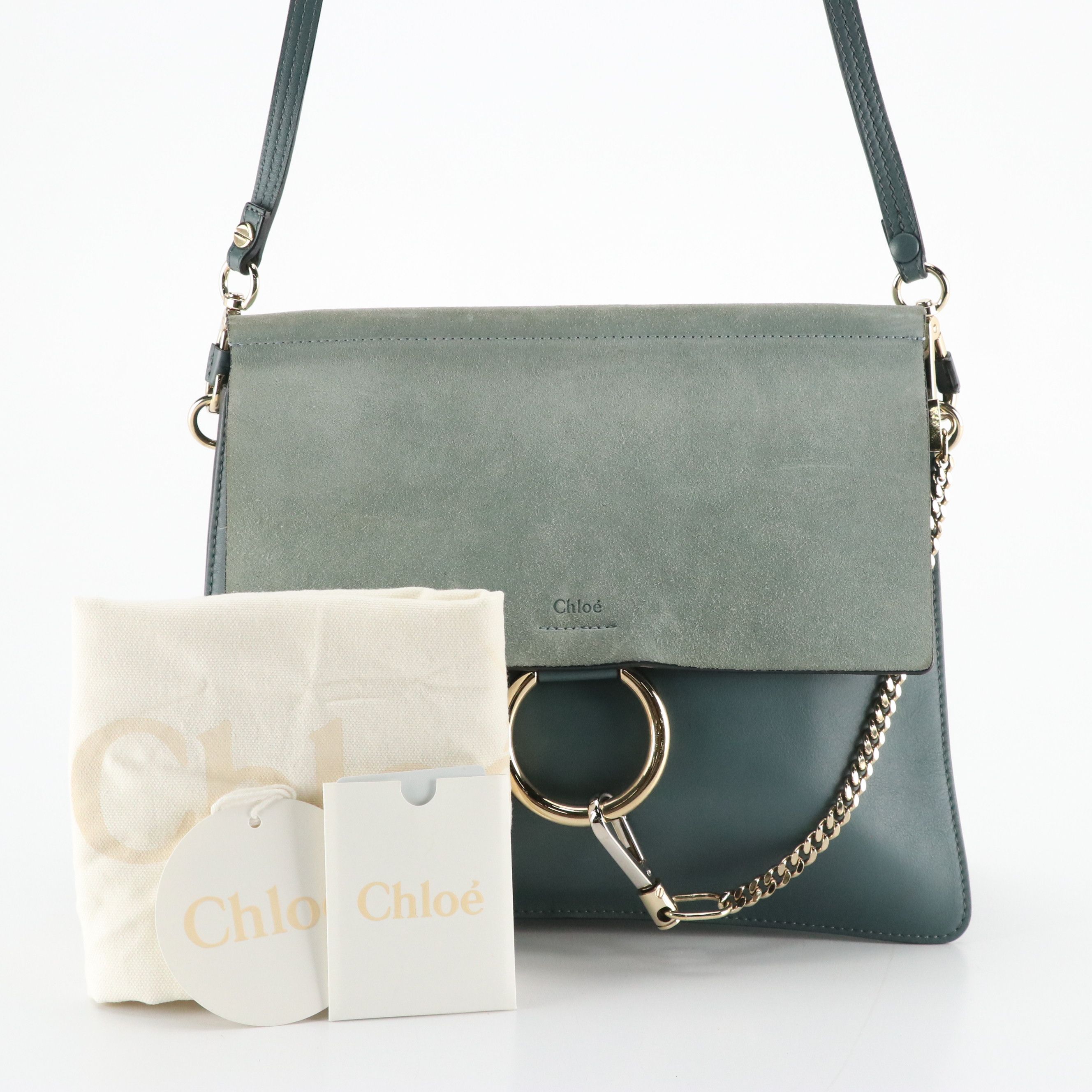 Chloé Large Faye Crossbody Bag in Cloudy Blue Calfskin Leather and Suede