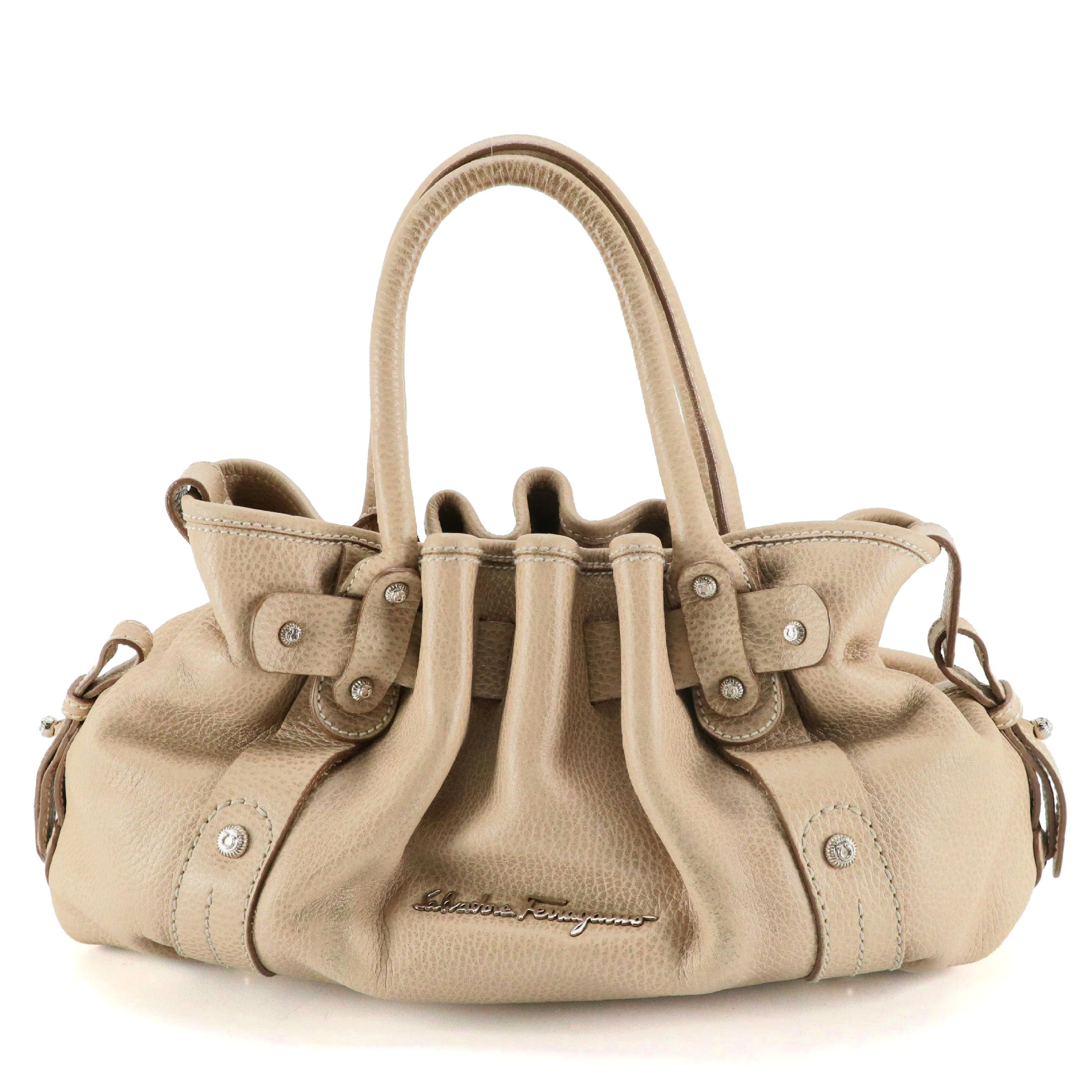 Salvatore Ferragamo Gathered Satchel Bag in Beige Taupe Grained Calfskin