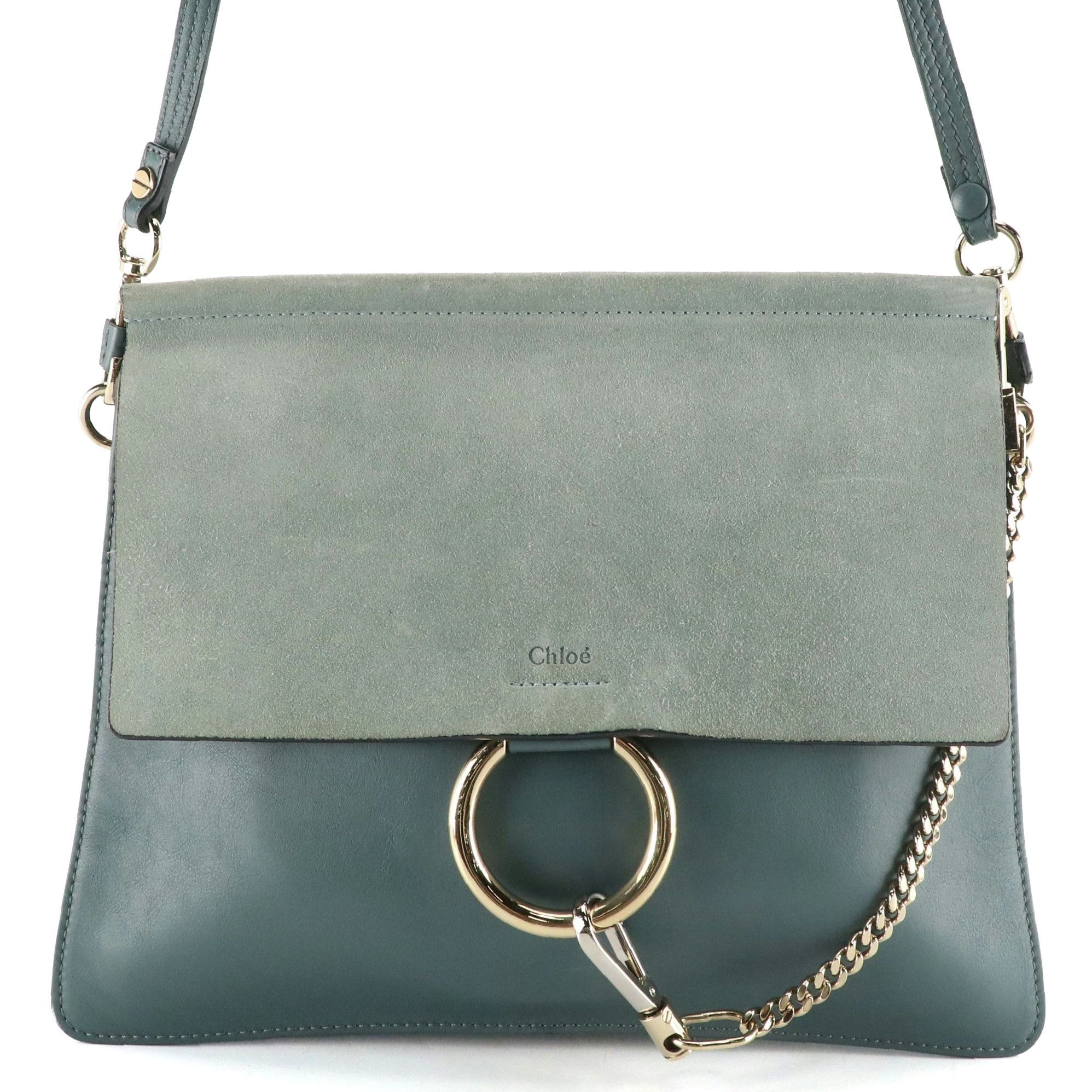 Chloé Large Faye Crossbody Bag in Cloudy Blue Calfskin Leather and Suede