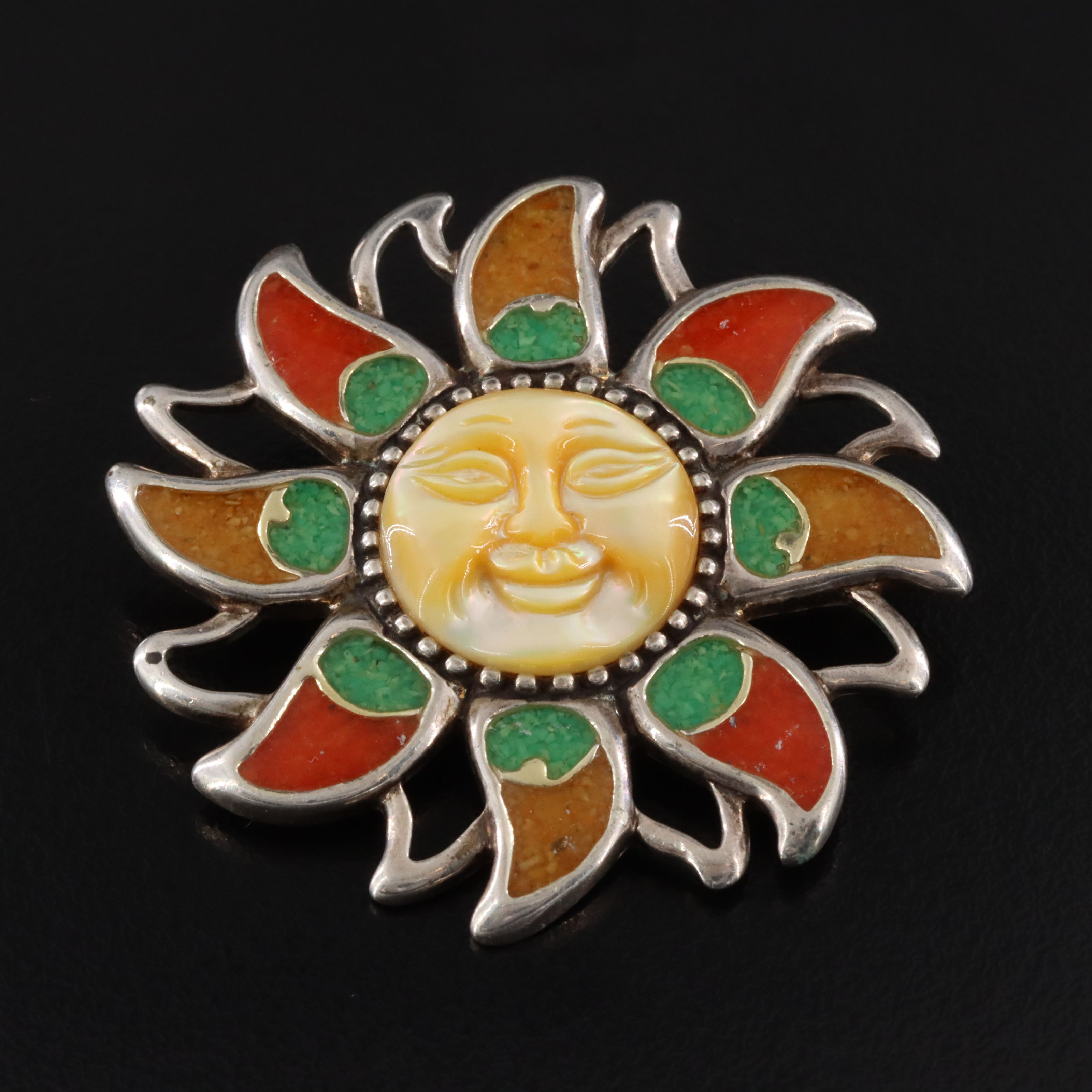 Relios Sterling Mother-of-Pearl and Inlay Sun Converter Brooch