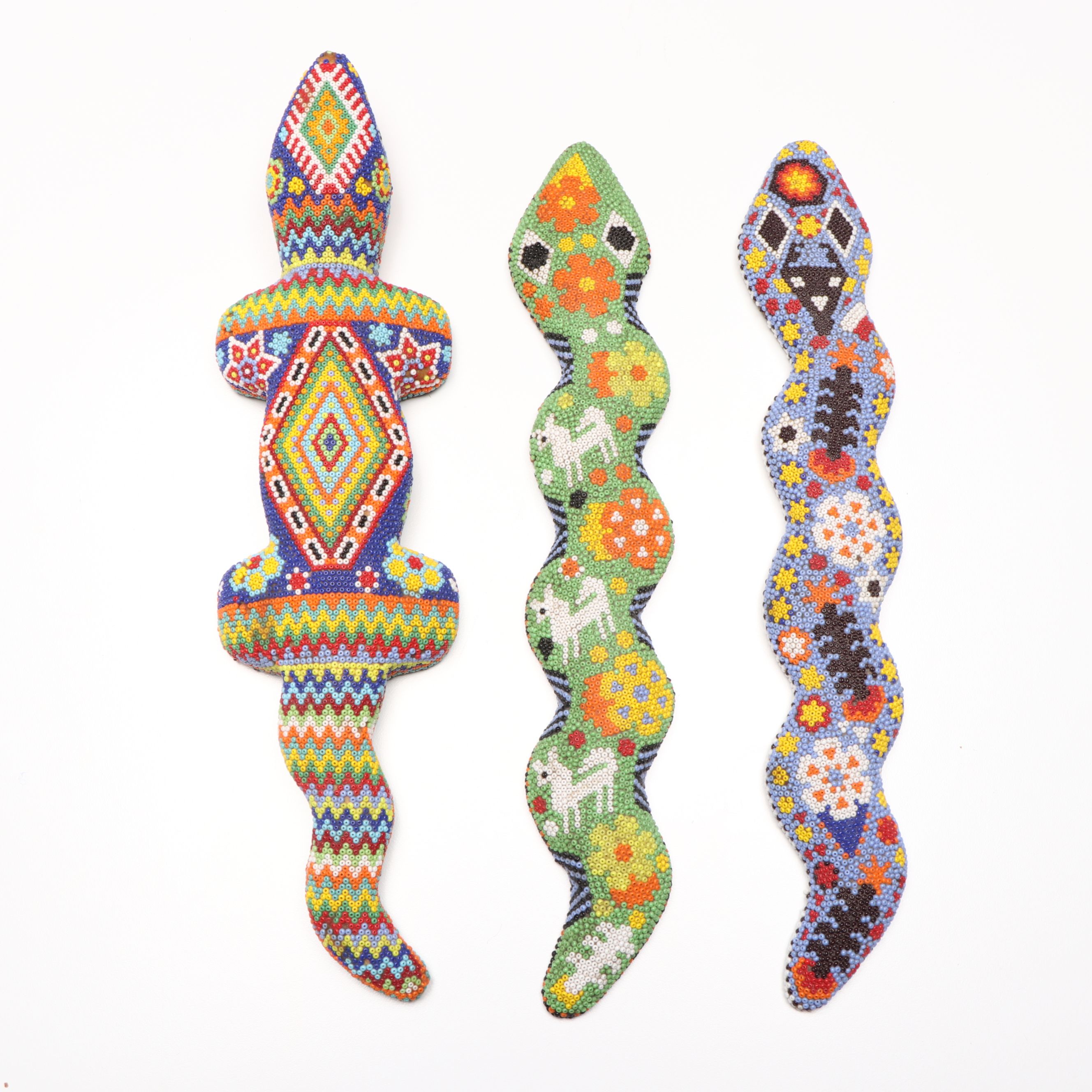 Beaded Wooden Lizard and Snakes, Swedish Beaded Leather Bags, and More Décor