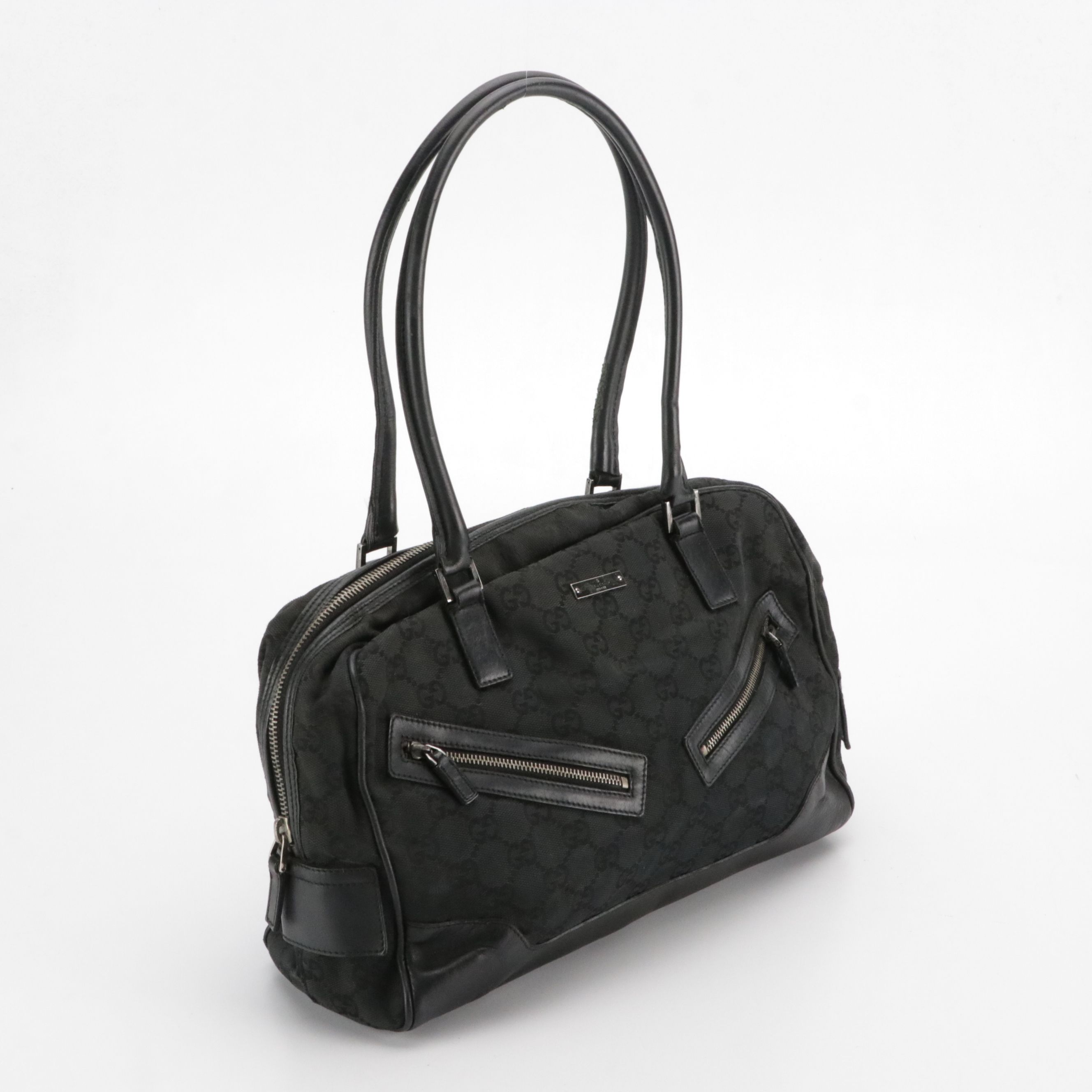 Gucci Double Zip Pocket Boston Shoulder Bag in Black GG Canvas and Leather