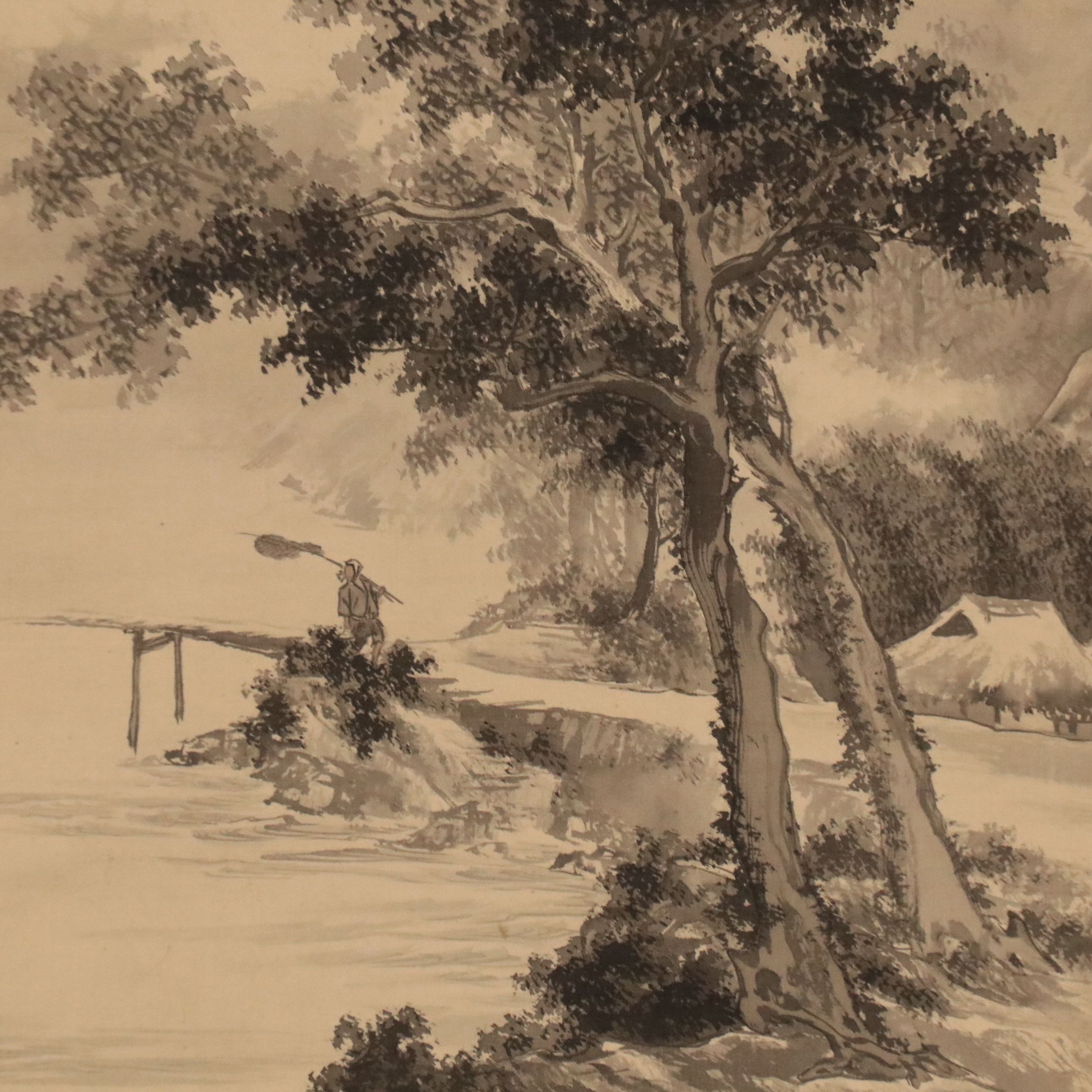 Watercolor Sansui Landscape Scroll, Late 19th Century