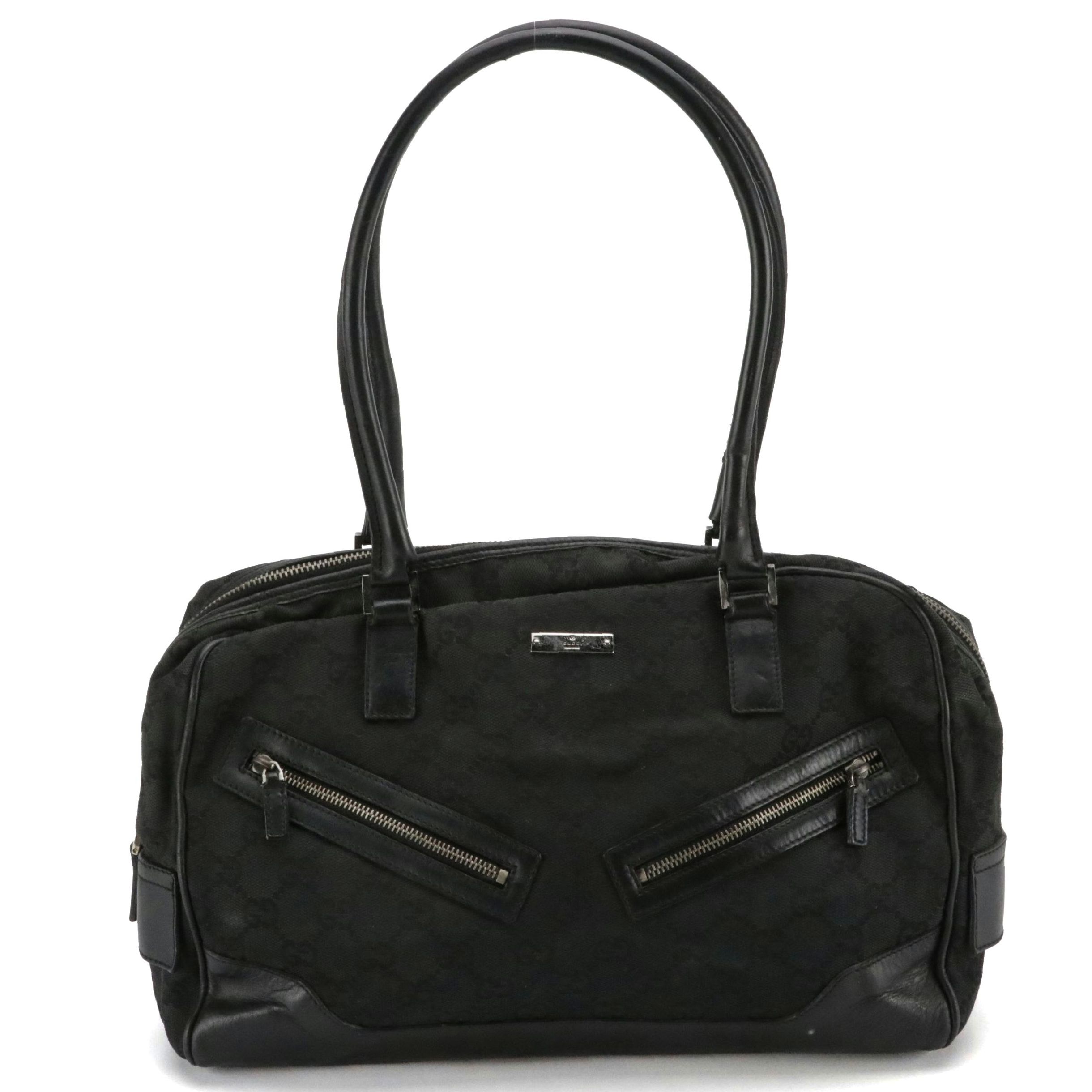 Gucci Double Zip Pocket Boston Shoulder Bag in Black GG Canvas and Leather