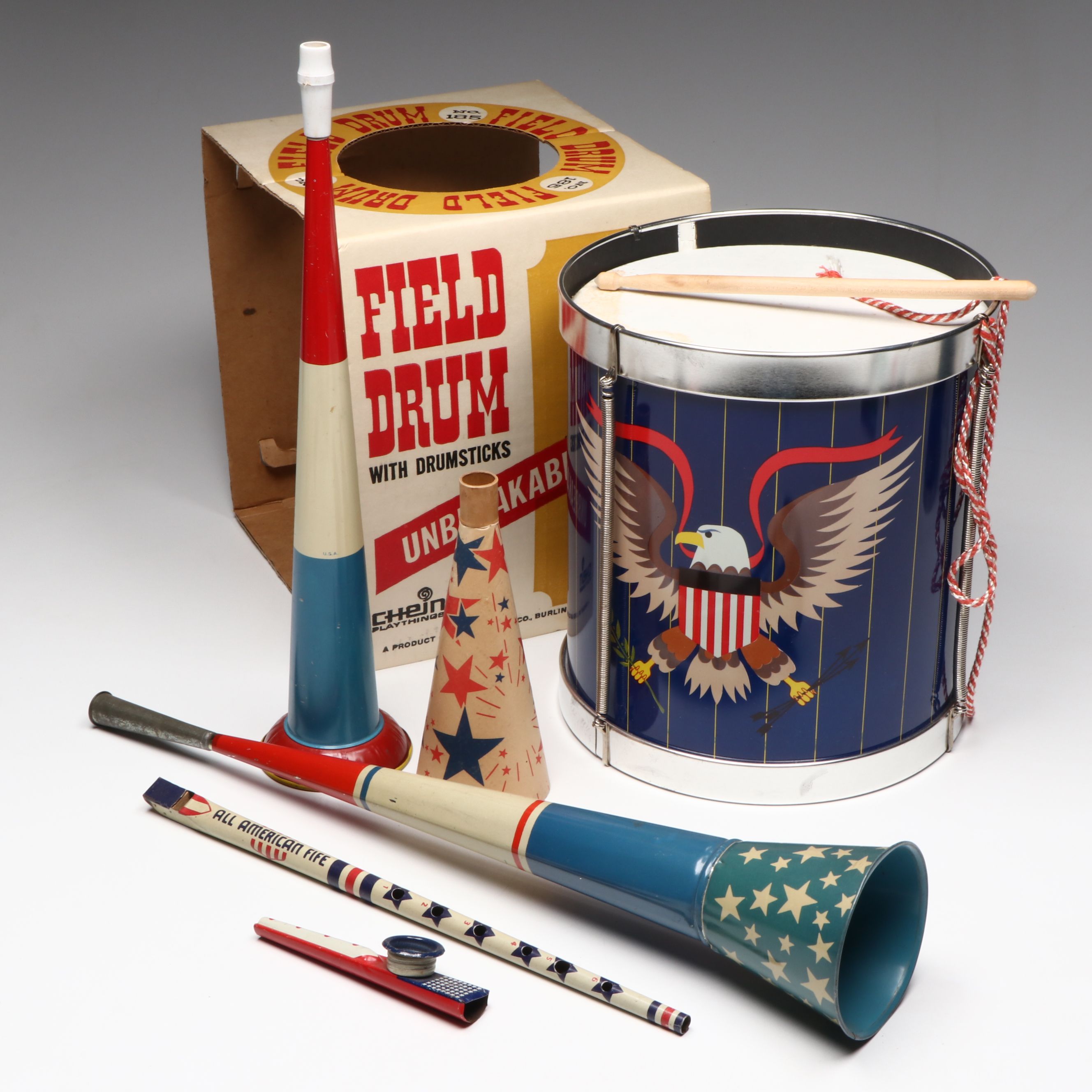 Chein Playthings Field Drum with All American Fife, Kazoo, and More Horns