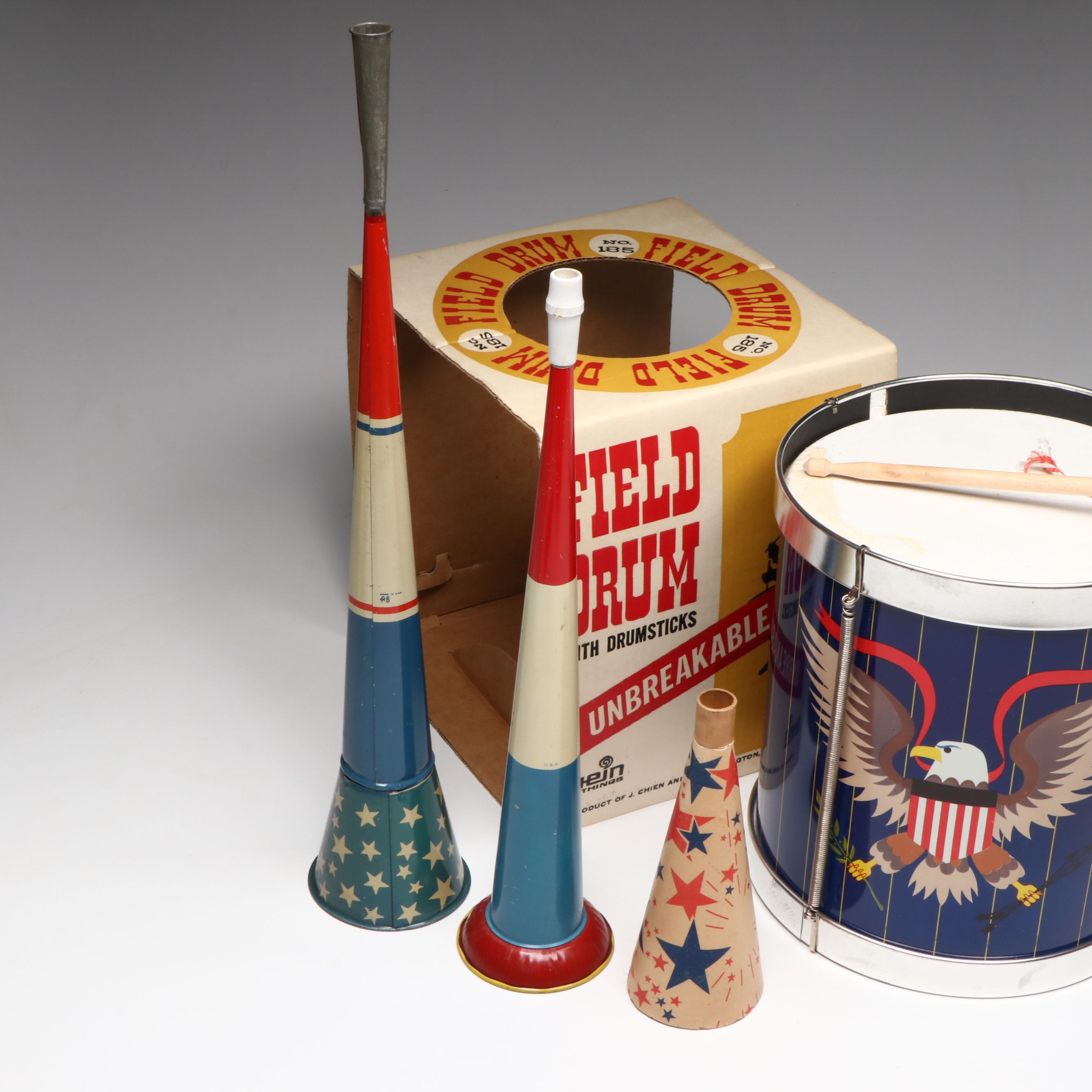 Chein Playthings Field Drum with All American Fife, Kazoo, and More Horns