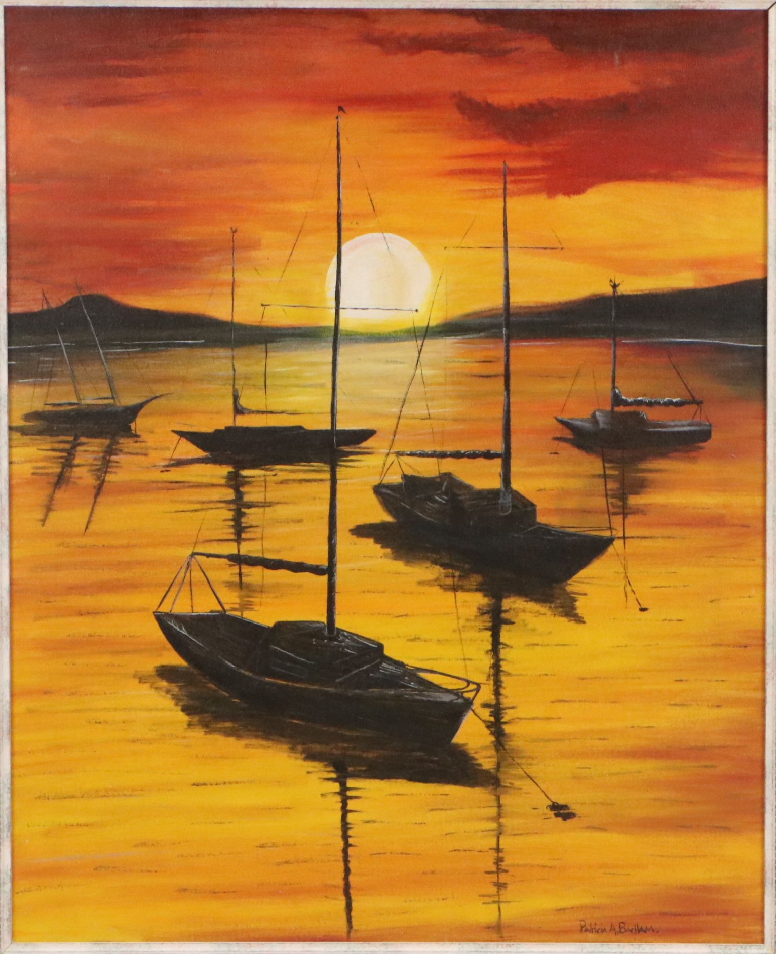 Patricia A. Badlam Mid Century Modern Oil Painting of Boats, Mid-20th Century