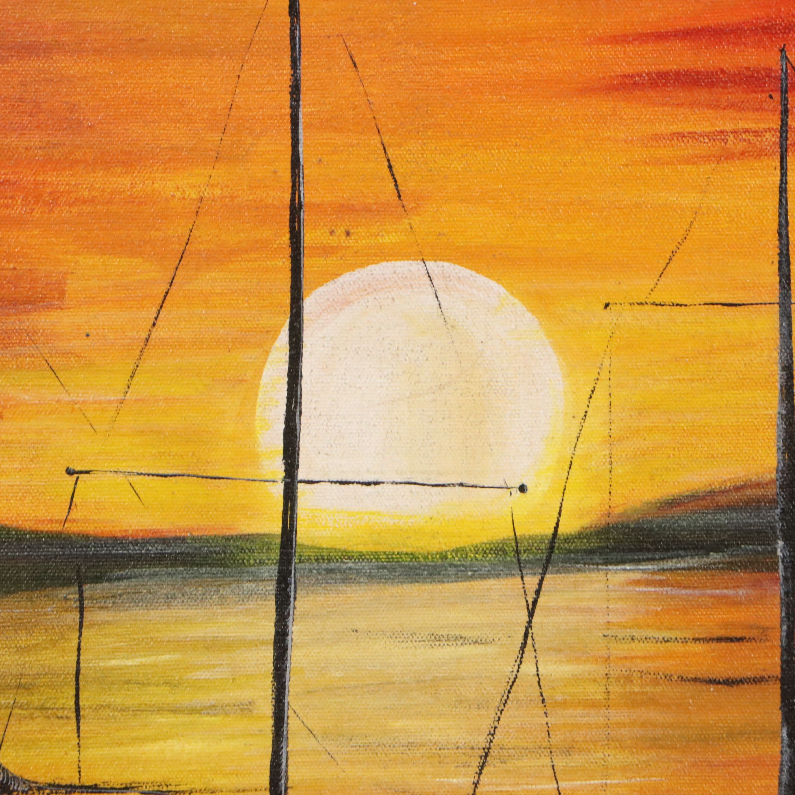 Patricia A. Badlam Mid Century Modern Oil Painting of Boats, Mid-20th Century