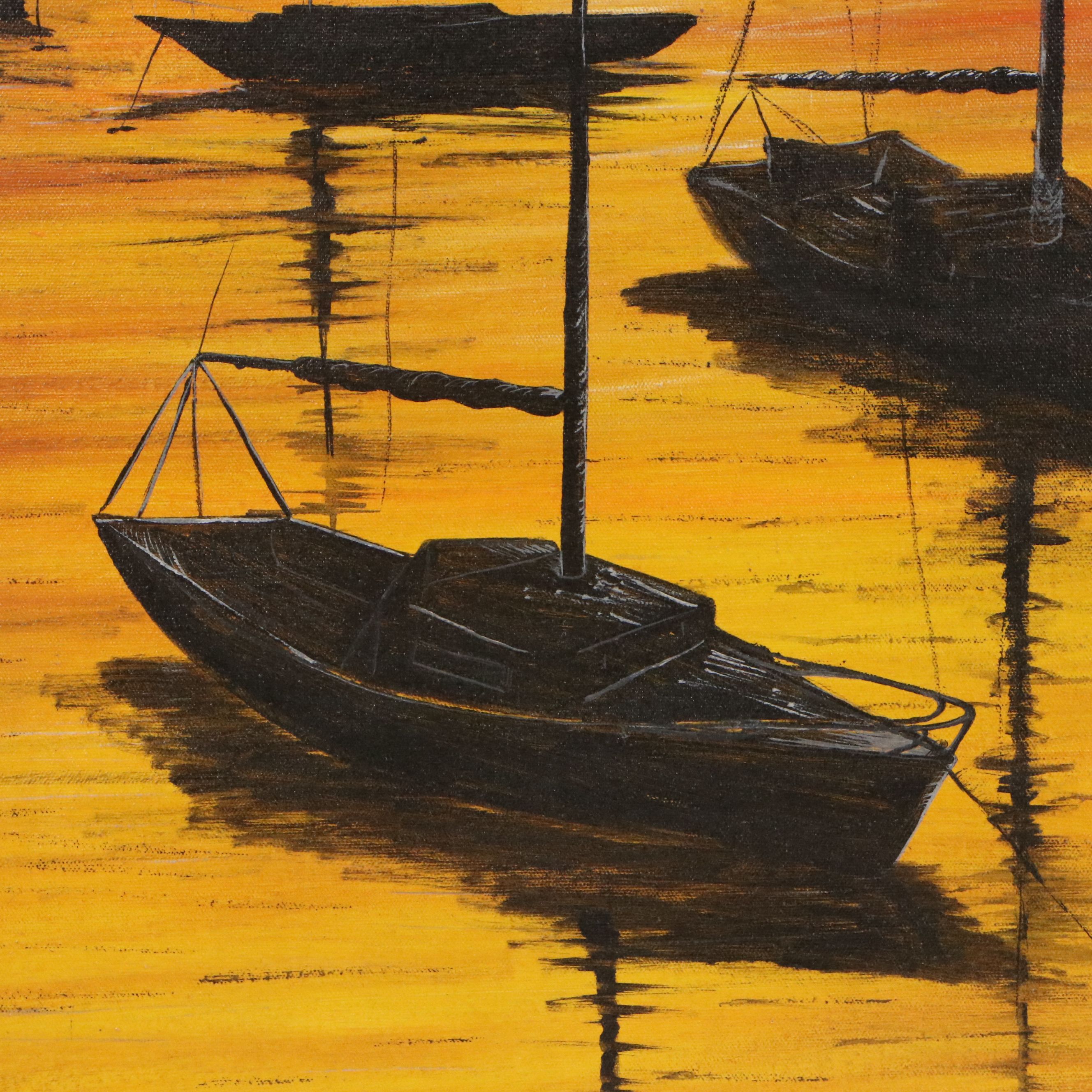 Patricia A. Badlam Mid Century Modern Oil Painting of Boats, Mid-20th Century