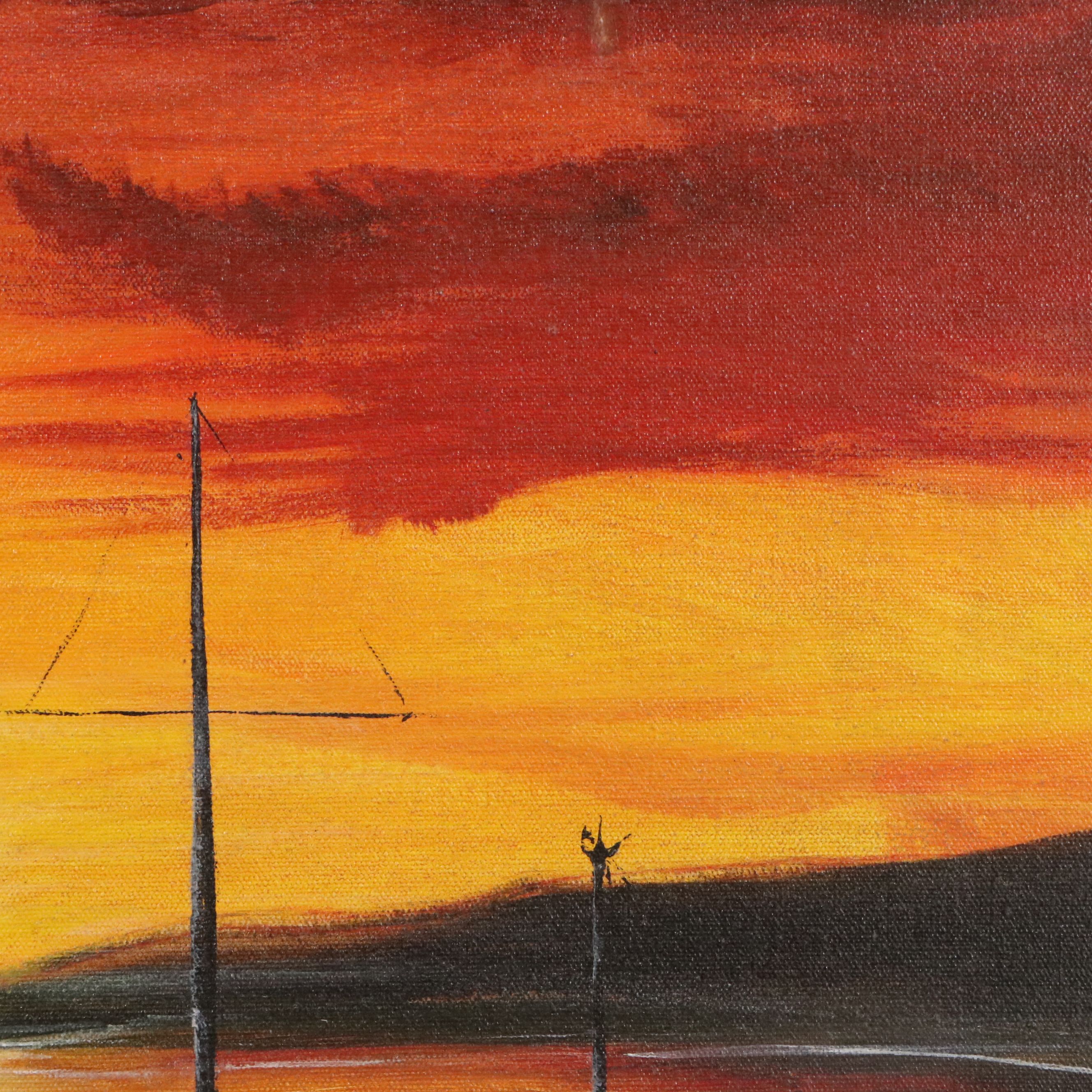 Patricia A. Badlam Mid Century Modern Oil Painting of Boats, Mid-20th Century