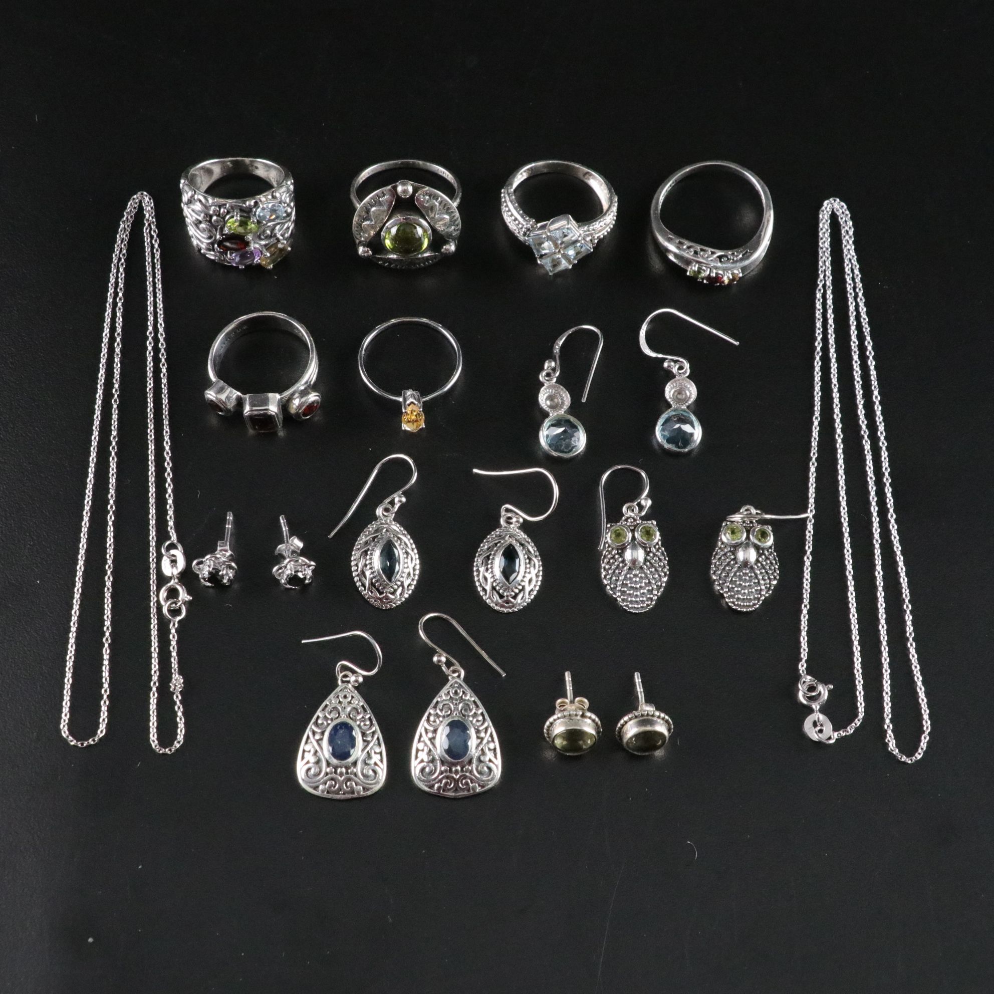 14 Assorted Sterling Silver Rings, Necklaces and Earrings