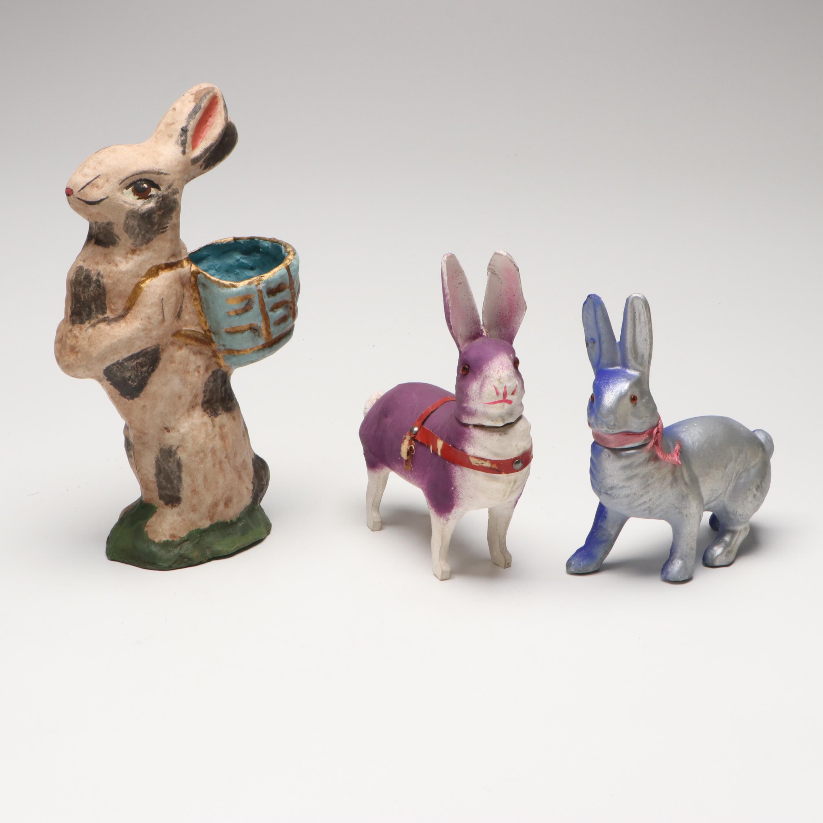 German with Other Papier-Mâché Easter Bunny Candy Containers, Mid-20th Century