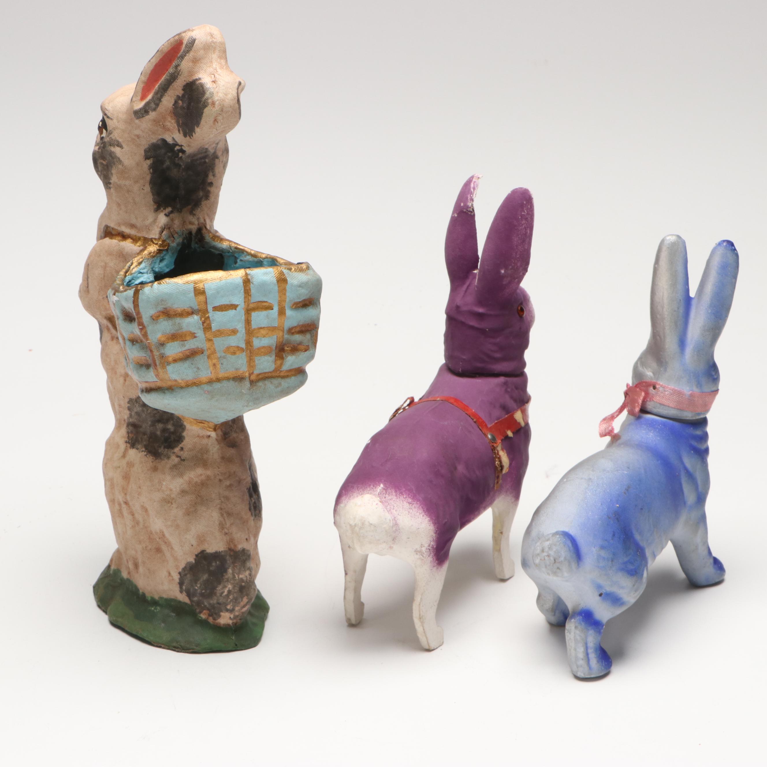 German with Other Papier-Mâché Easter Bunny Candy Containers, Mid-20th Century