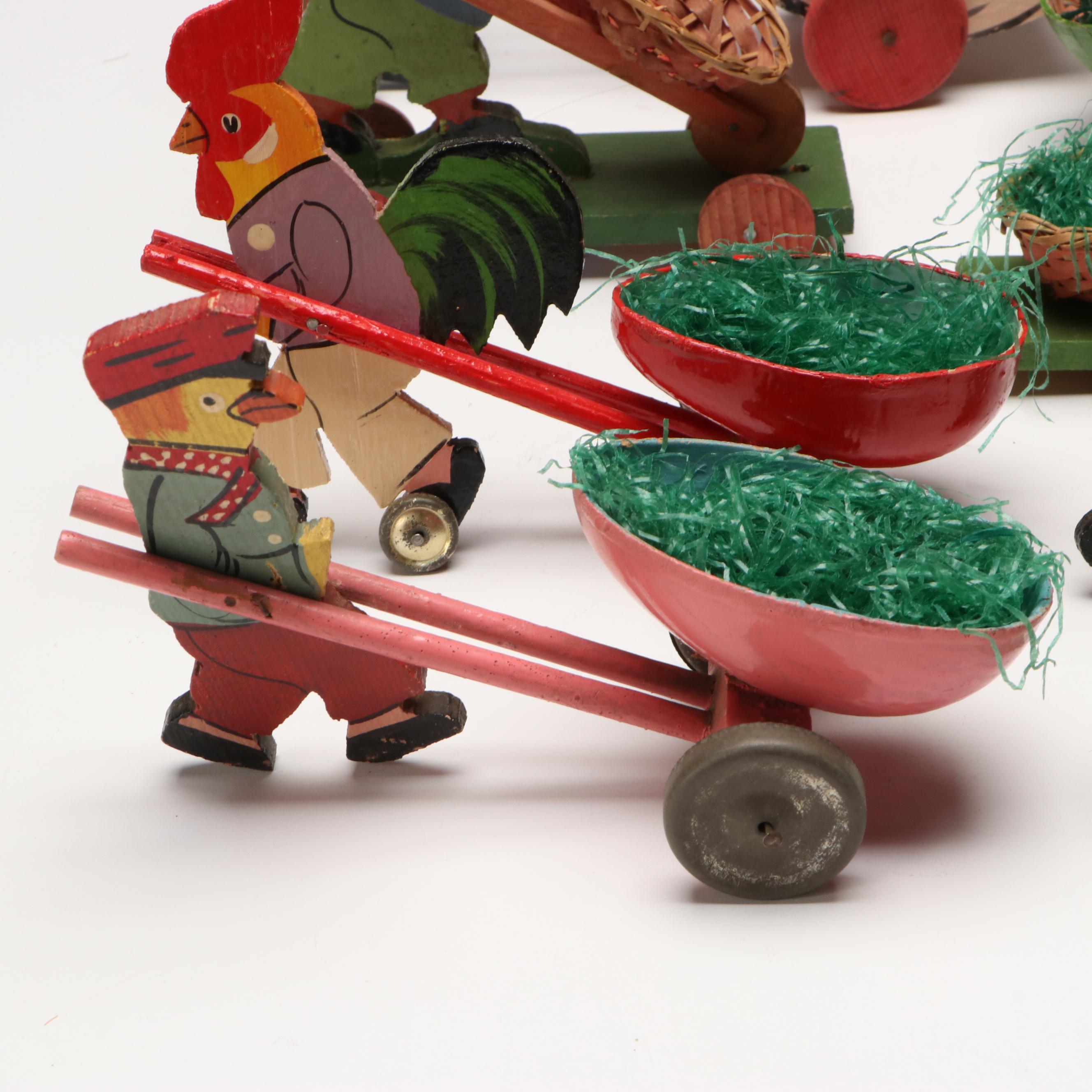 German with Other Wooden Easter Wheelbarrow Toys, Mid-20th Century