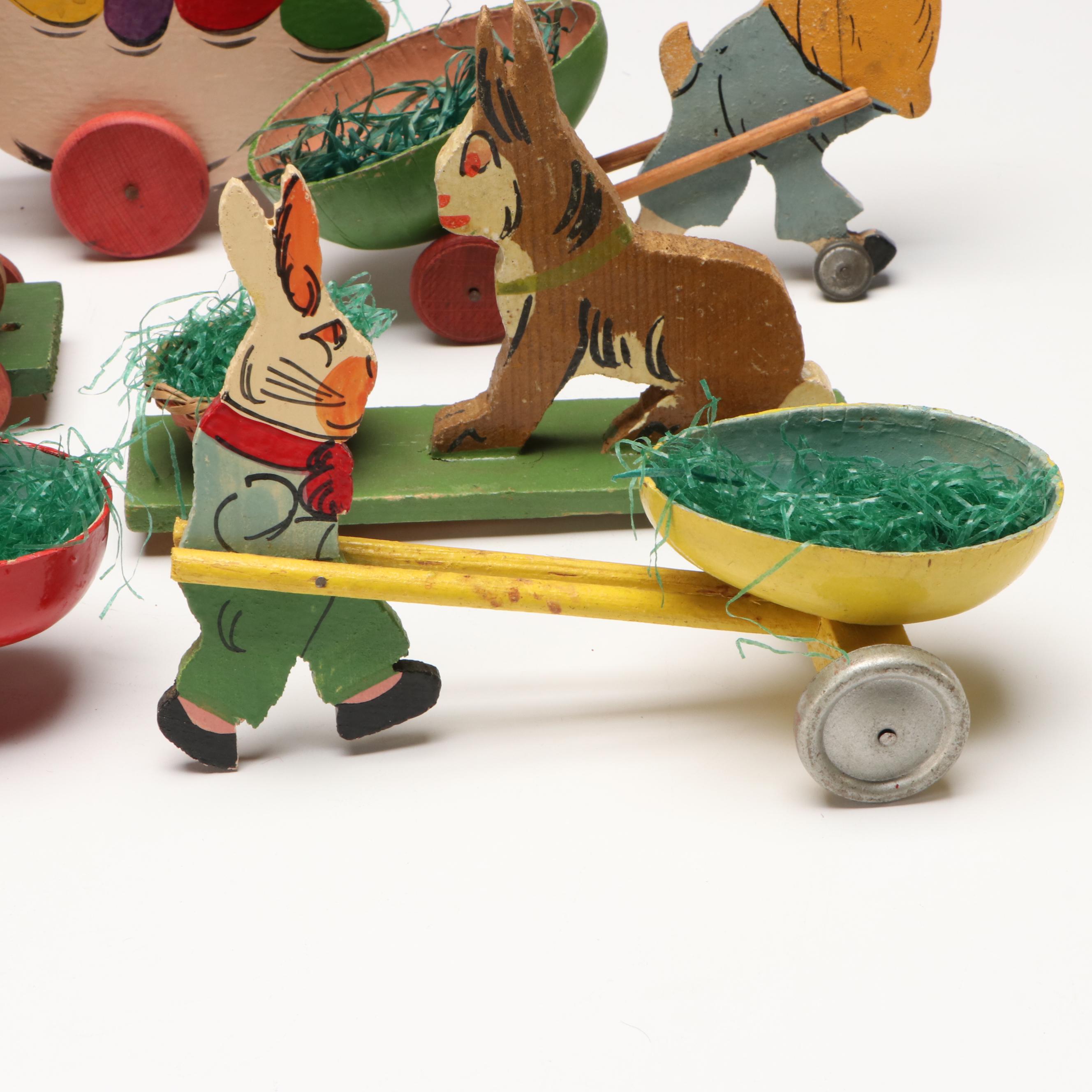 German with Other Wooden Easter Wheelbarrow Toys, Mid-20th Century